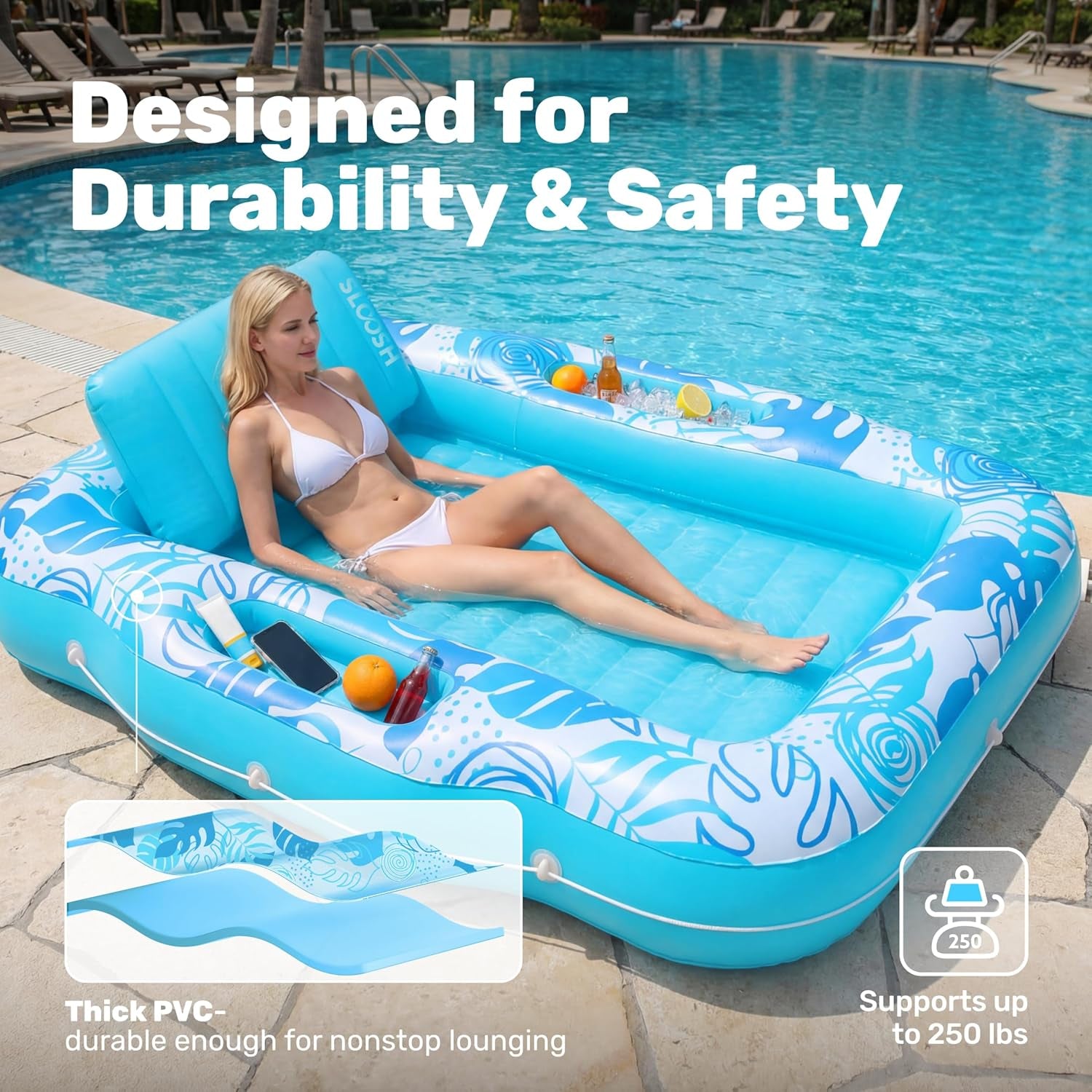 Inflatable Tanning Pool Lounger Float, 70" X 53" Pool Floats Adult with Cooler, 6 in 1 Suntan Tub Raft Floatie,Sunbathing Bed Lounge for Water Blow up Ball Pit Party Gifts