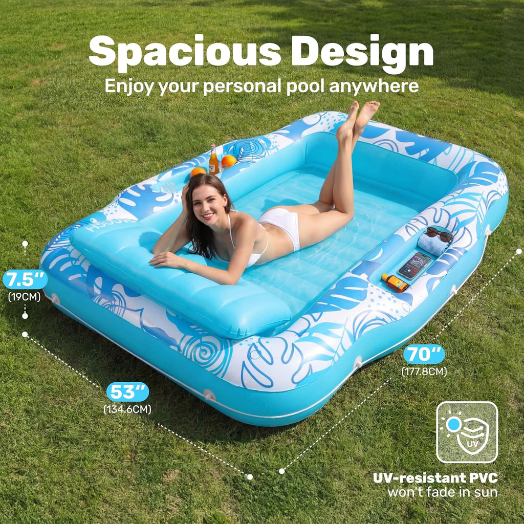 Inflatable Tanning Pool Lounger Float, 70" X 53" Pool Floats Adult with Cooler, 6 in 1 Suntan Tub Raft Floatie,Sunbathing Bed Lounge for Water Blow up Ball Pit Party Gifts