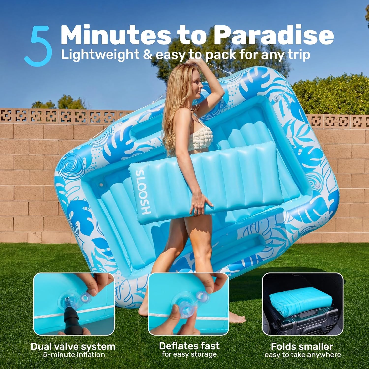 Inflatable Tanning Pool Lounger Float, 70" X 53" Pool Floats Adult with Cooler, 6 in 1 Suntan Tub Raft Floatie,Sunbathing Bed Lounge for Water Blow up Ball Pit Party Gifts