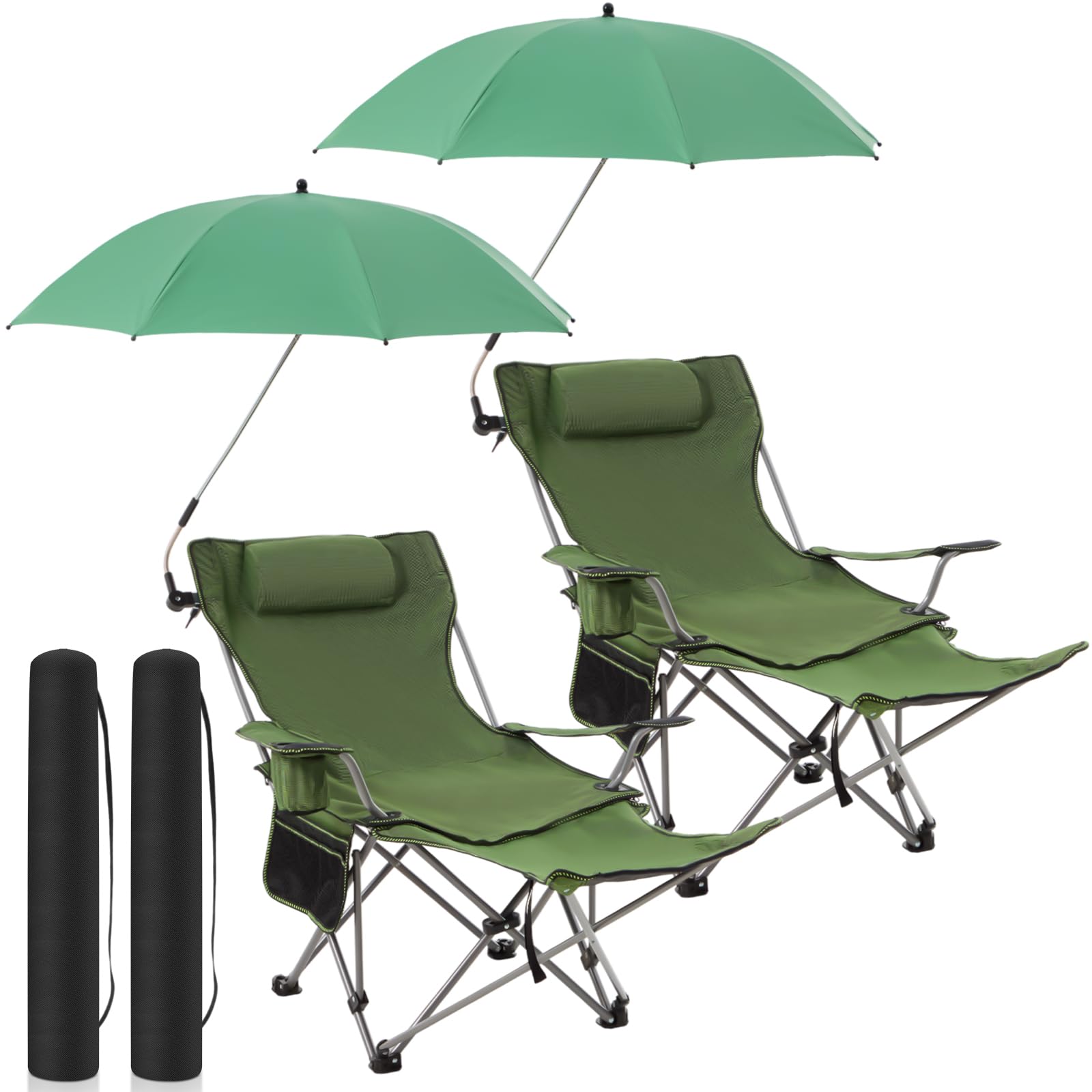 Yuntau 2 Set Reclining Beach Chairs with UPF 50+ Umbrellas, Upgraded Heavy Duty Portable Folding Lounge Camping Chair with Removable Footrest & Headrest for Outdoor Fishing Patio(White)