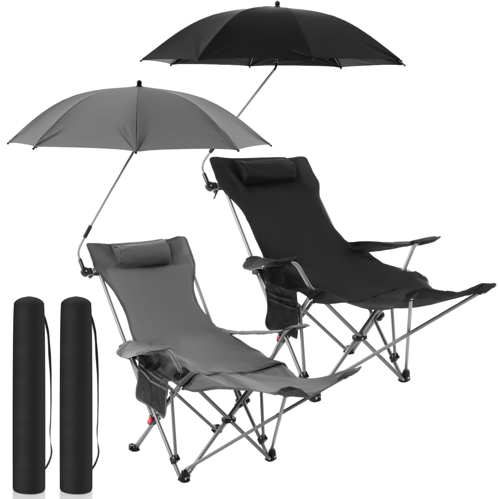 Yuntau 2 Set Reclining Beach Chairs with UPF 50+ Umbrellas, Upgraded Heavy Duty Portable Folding Lounge Camping Chair with Removable Footrest & Headrest for Outdoor Fishing Patio(White)