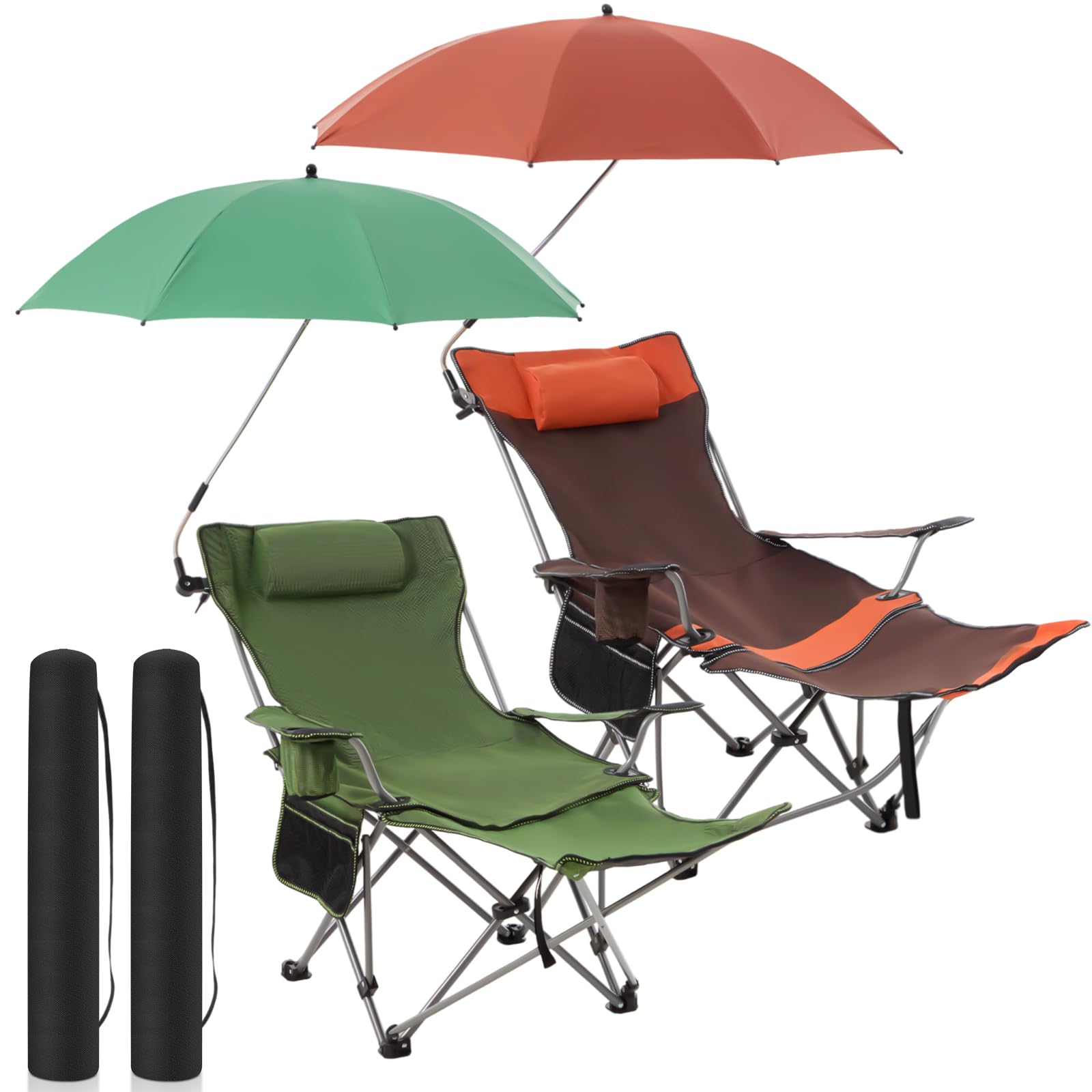 Yuntau 2 Set Reclining Beach Chairs with UPF 50+ Umbrellas, Upgraded Heavy Duty Portable Folding Lounge Camping Chair with Removable Footrest & Headrest for Outdoor Fishing Patio(White)