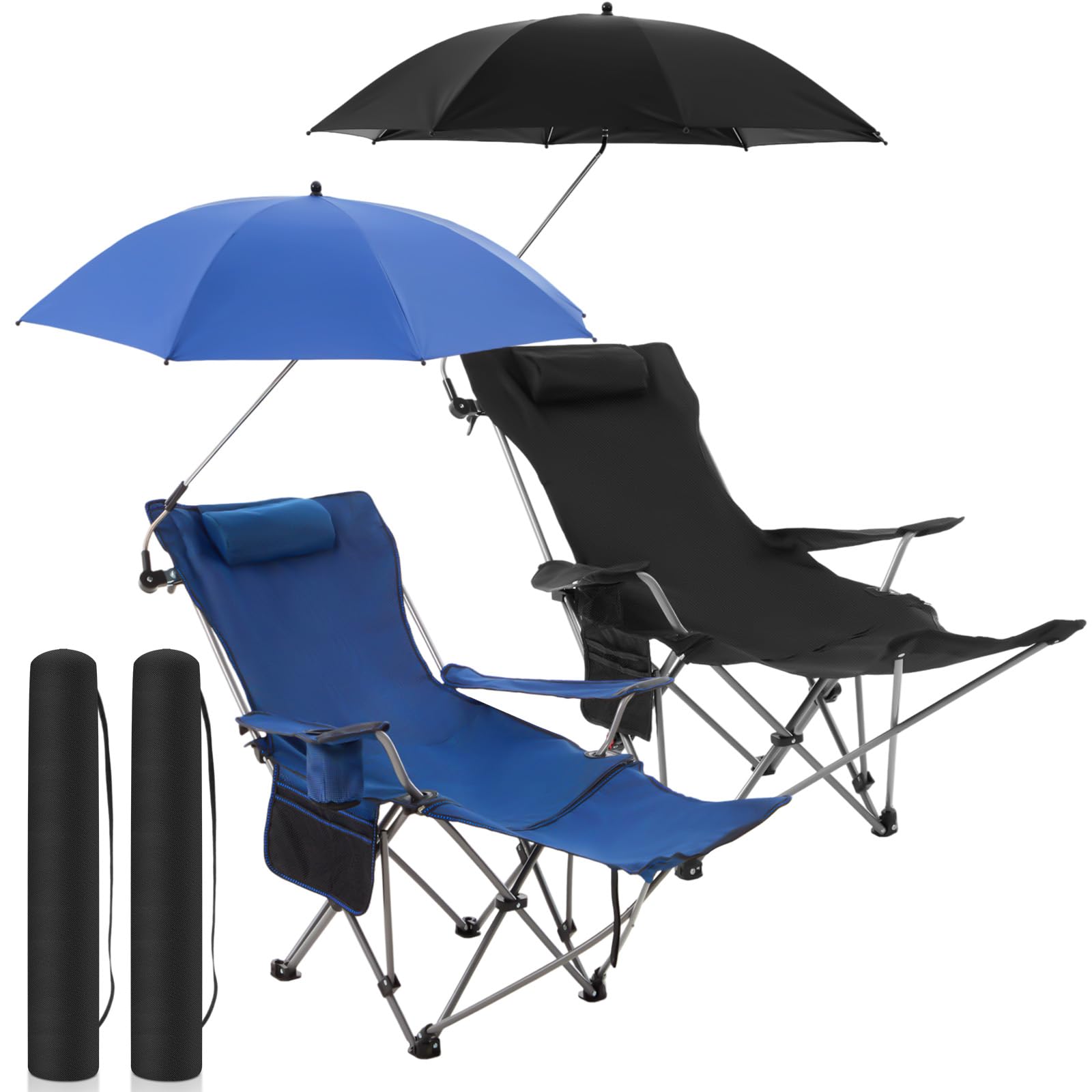 Yuntau 2 Set Reclining Beach Chairs with UPF 50+ Umbrellas, Upgraded Heavy Duty Portable Folding Lounge Camping Chair with Removable Footrest & Headrest for Outdoor Fishing Patio(White)