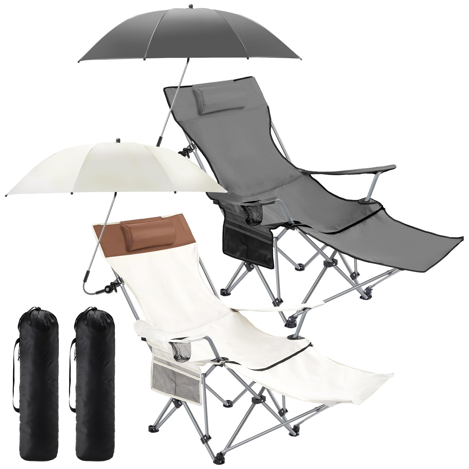 Yuntau 2 Set Reclining Beach Chairs with UPF 50+ Umbrellas, Upgraded Heavy Duty Portable Folding Lounge Camping Chair with Removable Footrest & Headrest for Outdoor Fishing Patio(White)
