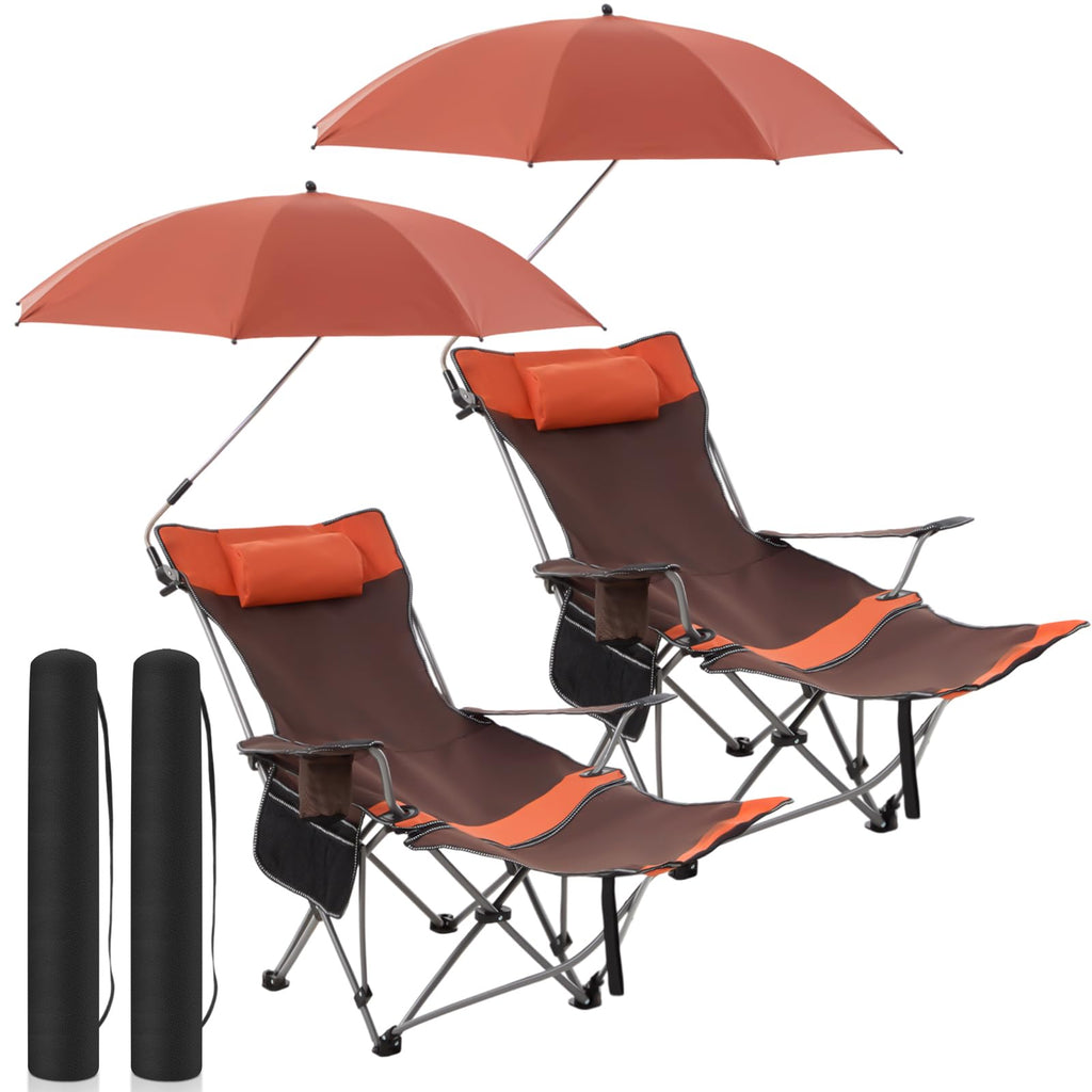 Yuntau 2 Set Reclining Beach Chairs with UPF 50+ Umbrellas, Upgraded Heavy Duty Portable Folding Lounge Camping Chair with Removable Footrest & Headrest for Outdoor Fishing Patio(White)