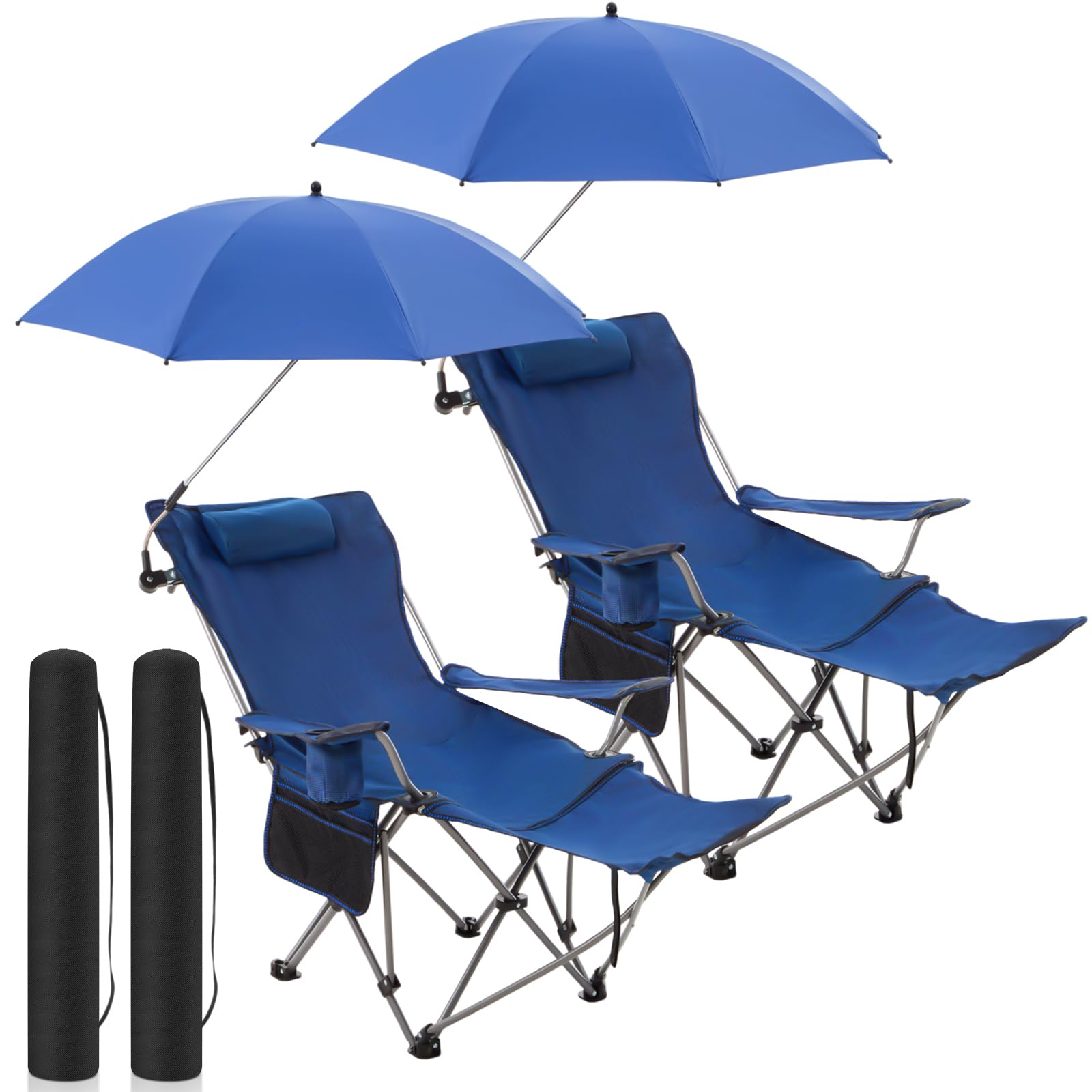 Yuntau 2 Set Reclining Beach Chairs with UPF 50+ Umbrellas, Upgraded Heavy Duty Portable Folding Lounge Camping Chair with Removable Footrest & Headrest for Outdoor Fishing Patio(White)