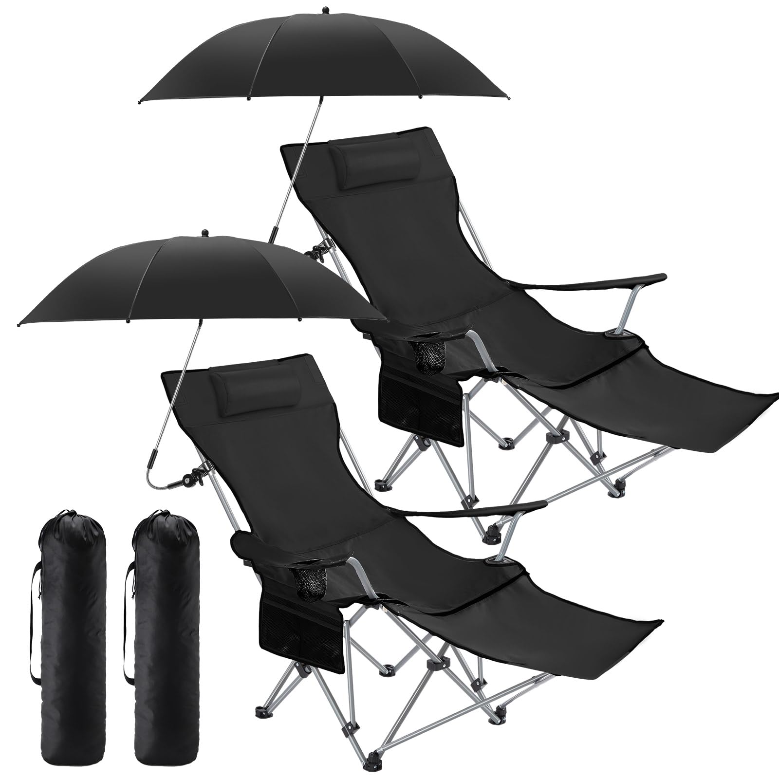 Yuntau 2 Set Reclining Beach Chairs with UPF 50+ Umbrellas, Upgraded Heavy Duty Portable Folding Lounge Camping Chair with Removable Footrest & Headrest for Outdoor Fishing Patio(White)