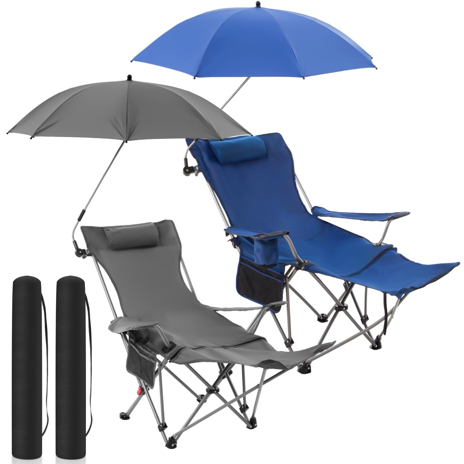 Yuntau 2 Set Reclining Beach Chairs with UPF 50+ Umbrellas, Upgraded Heavy Duty Portable Folding Lounge Camping Chair with Removable Footrest & Headrest for Outdoor Fishing Patio(White)