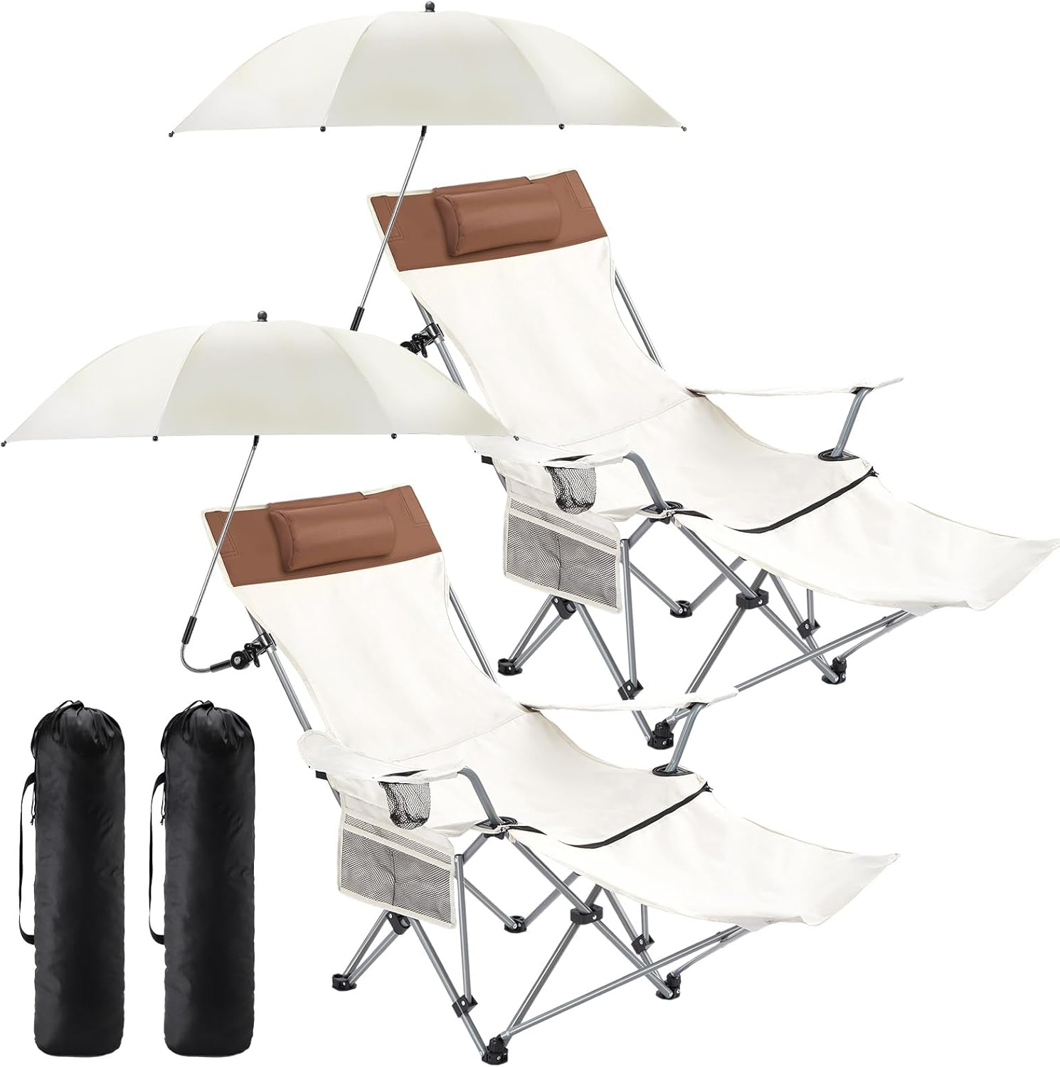 Yuntau 2 Set Reclining Beach Chairs with UPF 50+ Umbrellas, Upgraded Heavy Duty Portable Folding Lounge Camping Chair with Removable Footrest & Headrest for Outdoor Fishing Patio(White)