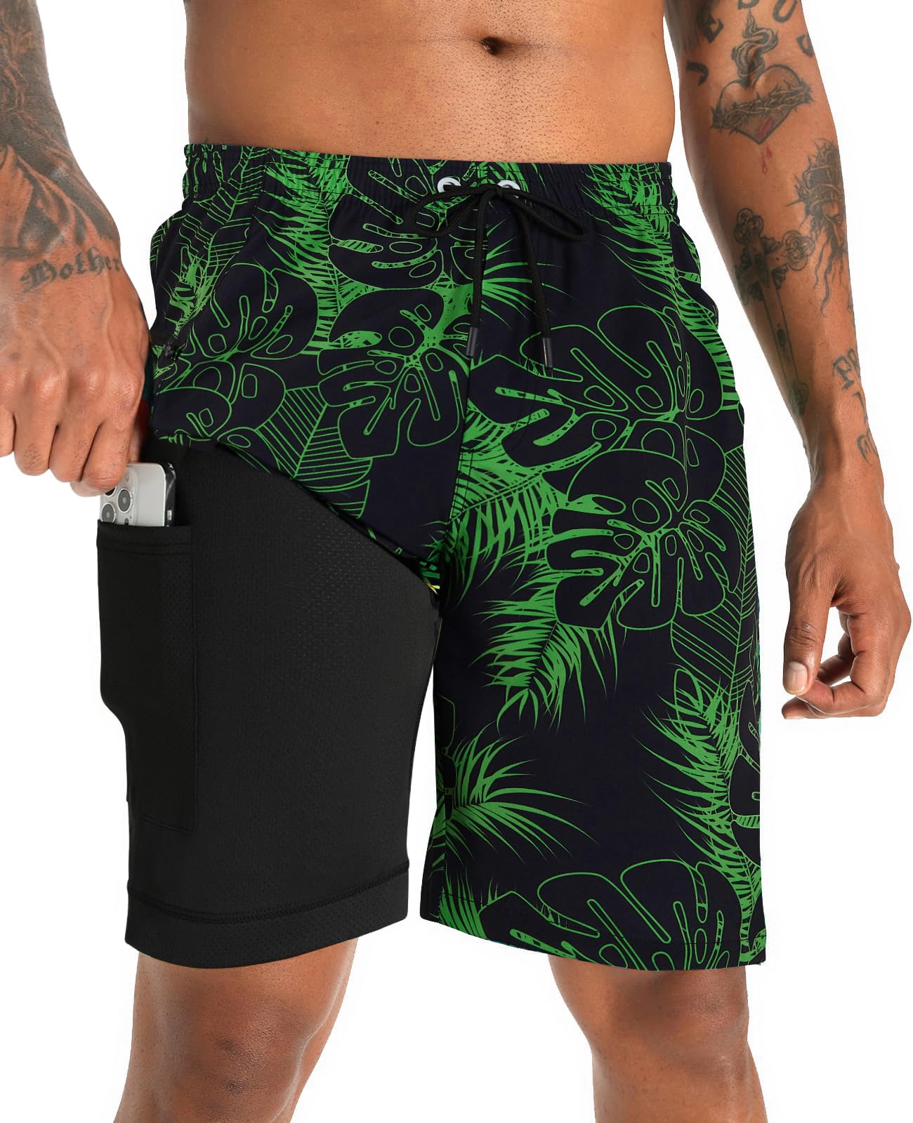 APTRO 2 in 1 Men's Swim Trunks 9" with Zipper Pockets Bathing Suit Built-in Board Shorts Swimwear Long Shorts
