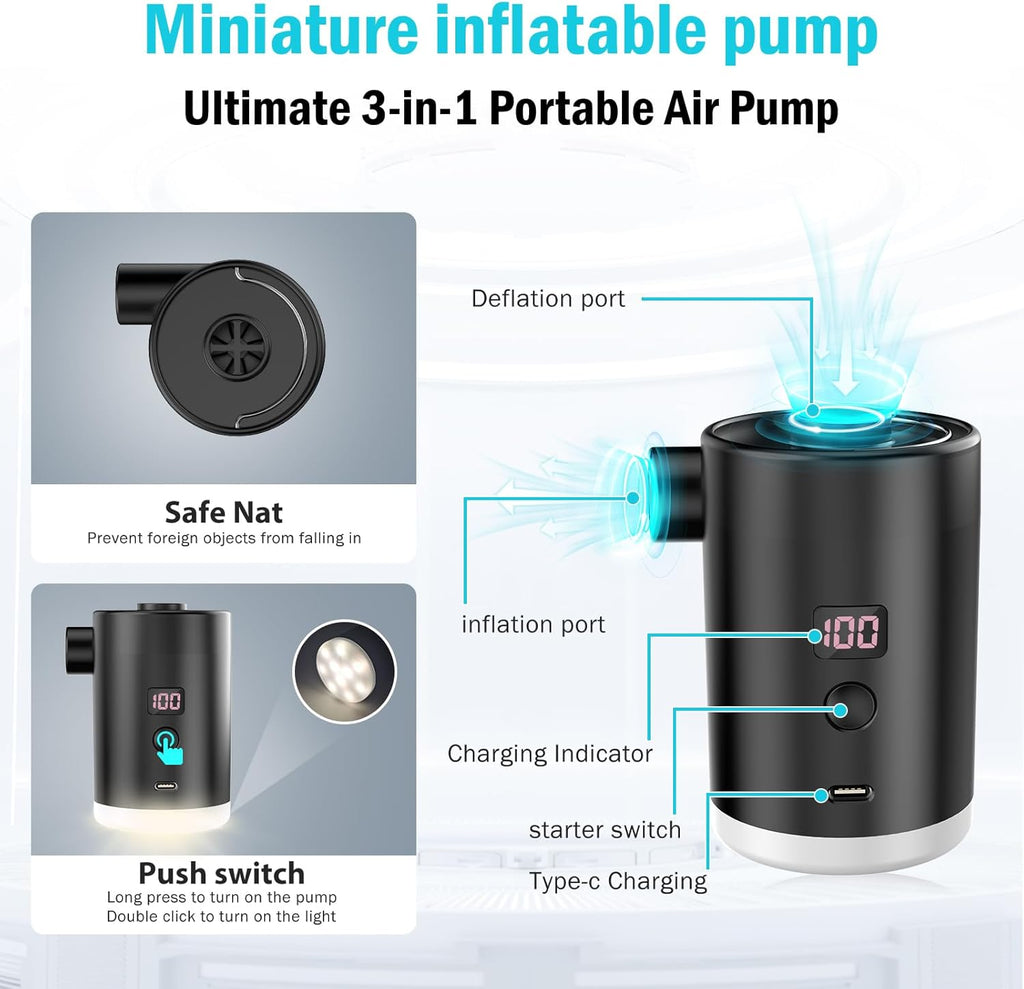 Portable Air Pump for Inflatables, Mini Air Mattress Pump for Inflatables, USB Rechargeable Air Pump for Pool Floats,Camping,Sleeping Pads, Swimming Rings, Vacuum Storage Bags
