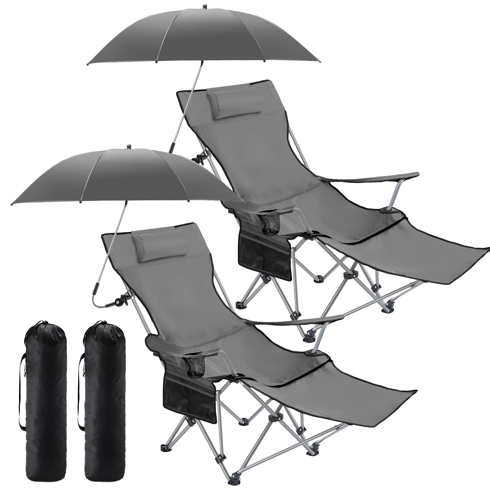 Yuntau 2 Set Reclining Beach Chairs with UPF 50+ Umbrellas, Upgraded Heavy Duty Portable Folding Lounge Camping Chair with Removable Footrest & Headrest for Outdoor Fishing Patio(White)
