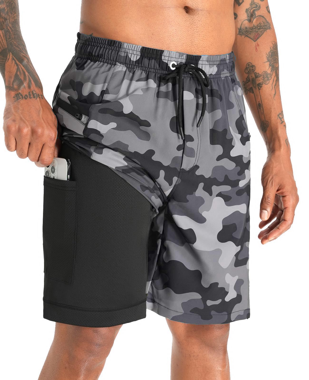 APTRO 2 in 1 Men's Swim Trunks 9" with Zipper Pockets Bathing Suit Built-in Board Shorts Swimwear Long Shorts