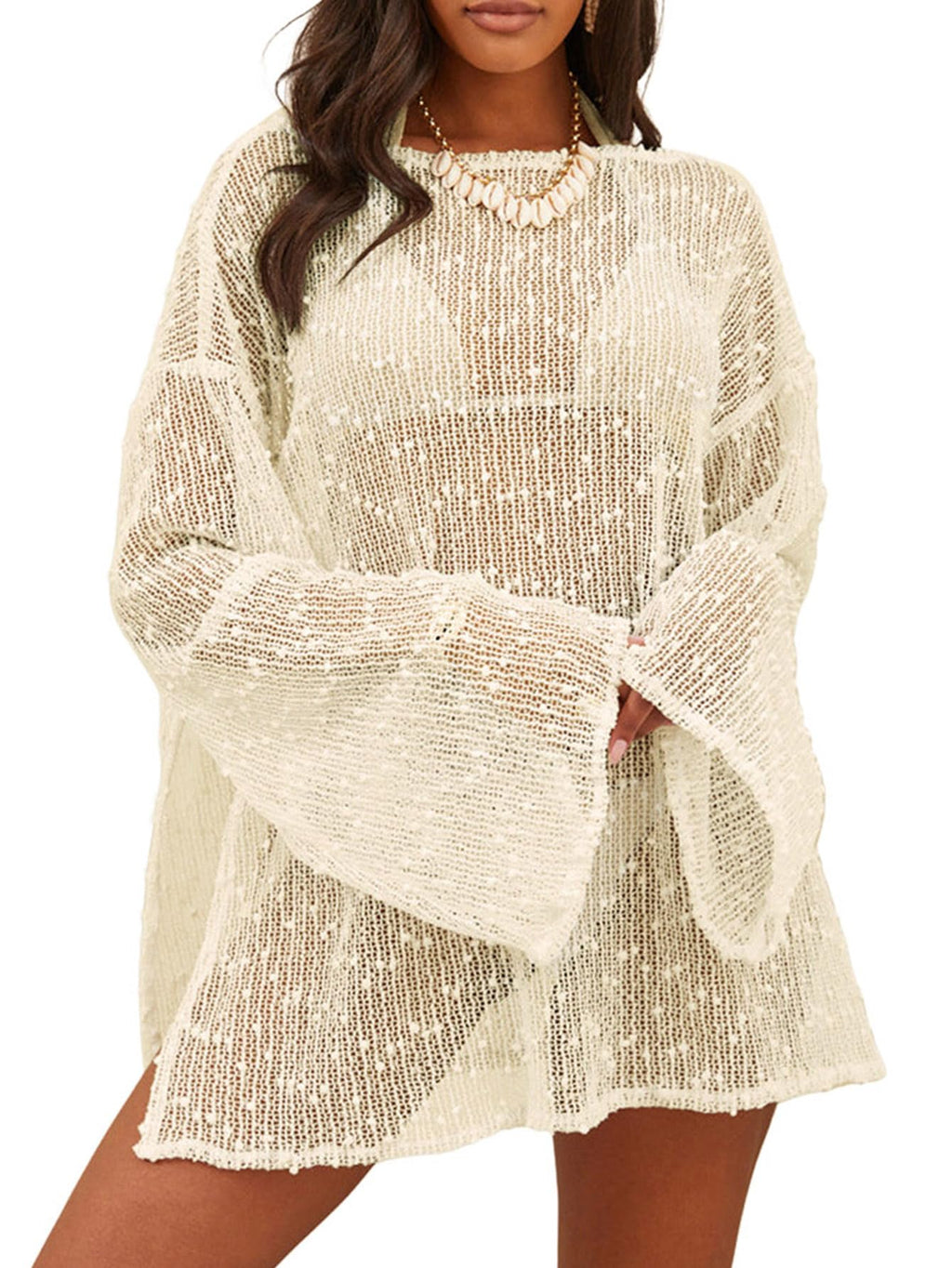Lilosy Sexy Crochet Sheer Kaftan Caftan Beach Dress Bathing Suit Swim Coverup Summer Vacation Outfits One Piece