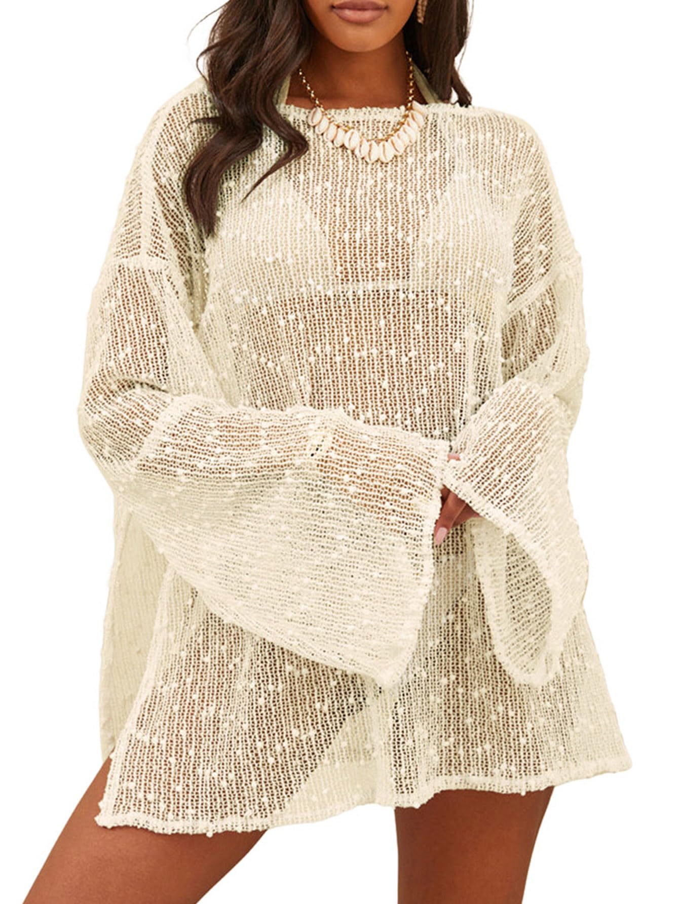 Lilosy Sexy Crochet Sheer Kaftan Caftan Beach Dress Bathing Suit Swim Coverup Summer Vacation Outfits One Piece