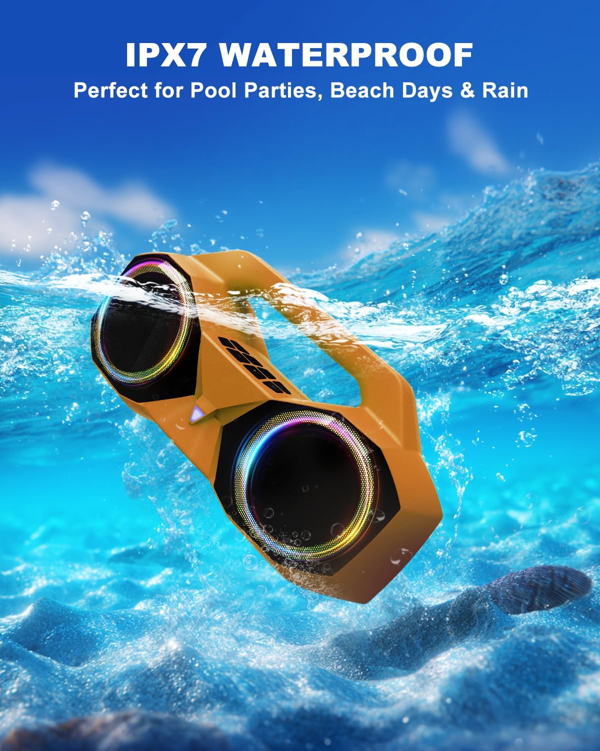 OZJ Bluetooth Speaker 80W(Peak) Loud with Bass, 20H Playtime, IPX7 Waterproof, RGB Lights, TWS, Large Portable Wireless Speakers for Outdoor, Home, Party, Pool, Beach, Tailgating, Gym, Work (Orange)