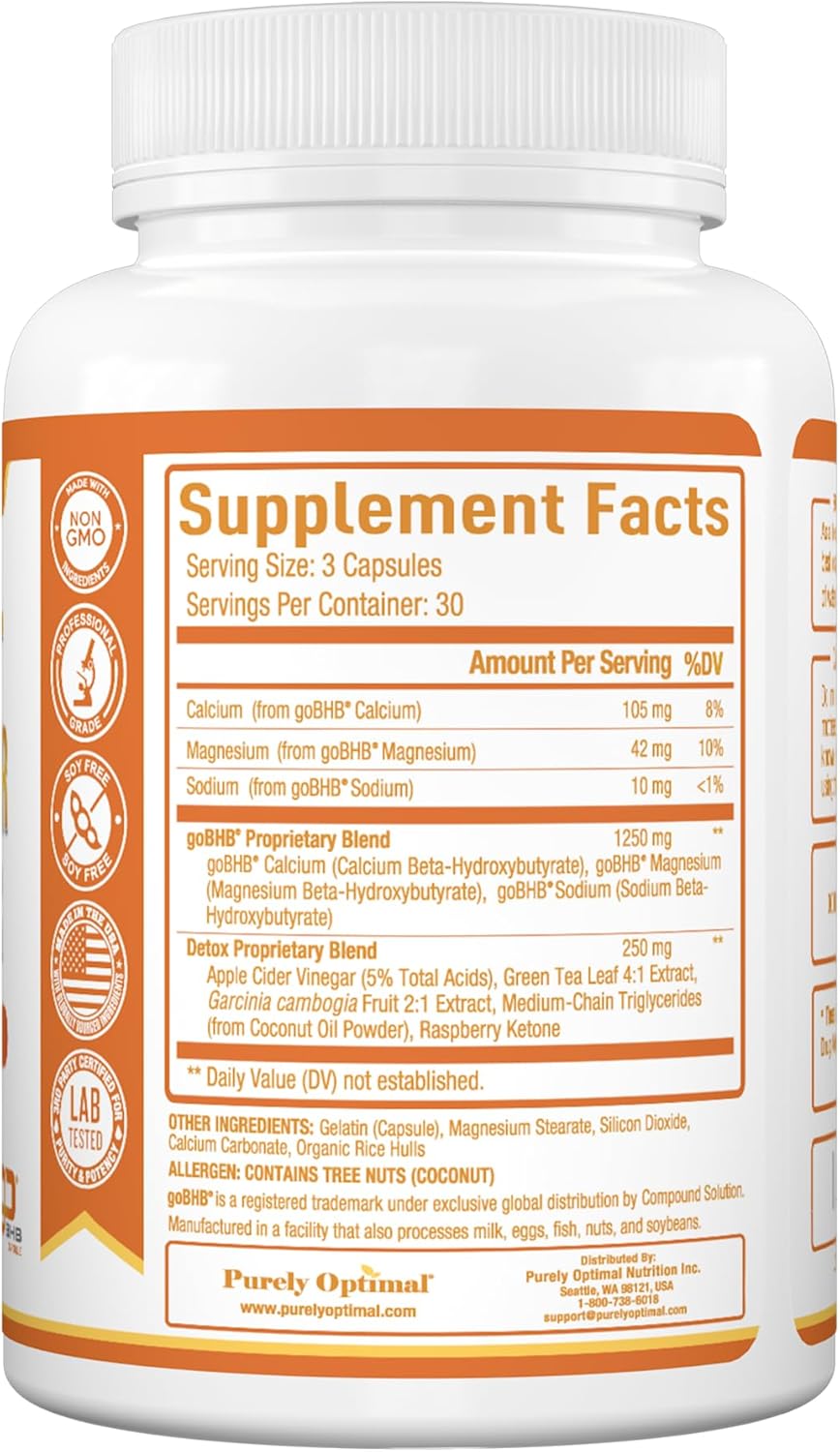 Purely Optimal Keto BHB & Apple Cider Vinegar Capsules - Exogenous Ketones Supplement with The Mother for Ketosis Support, Healthy Lifestyle & Overall Well-Being - 90 Capsules