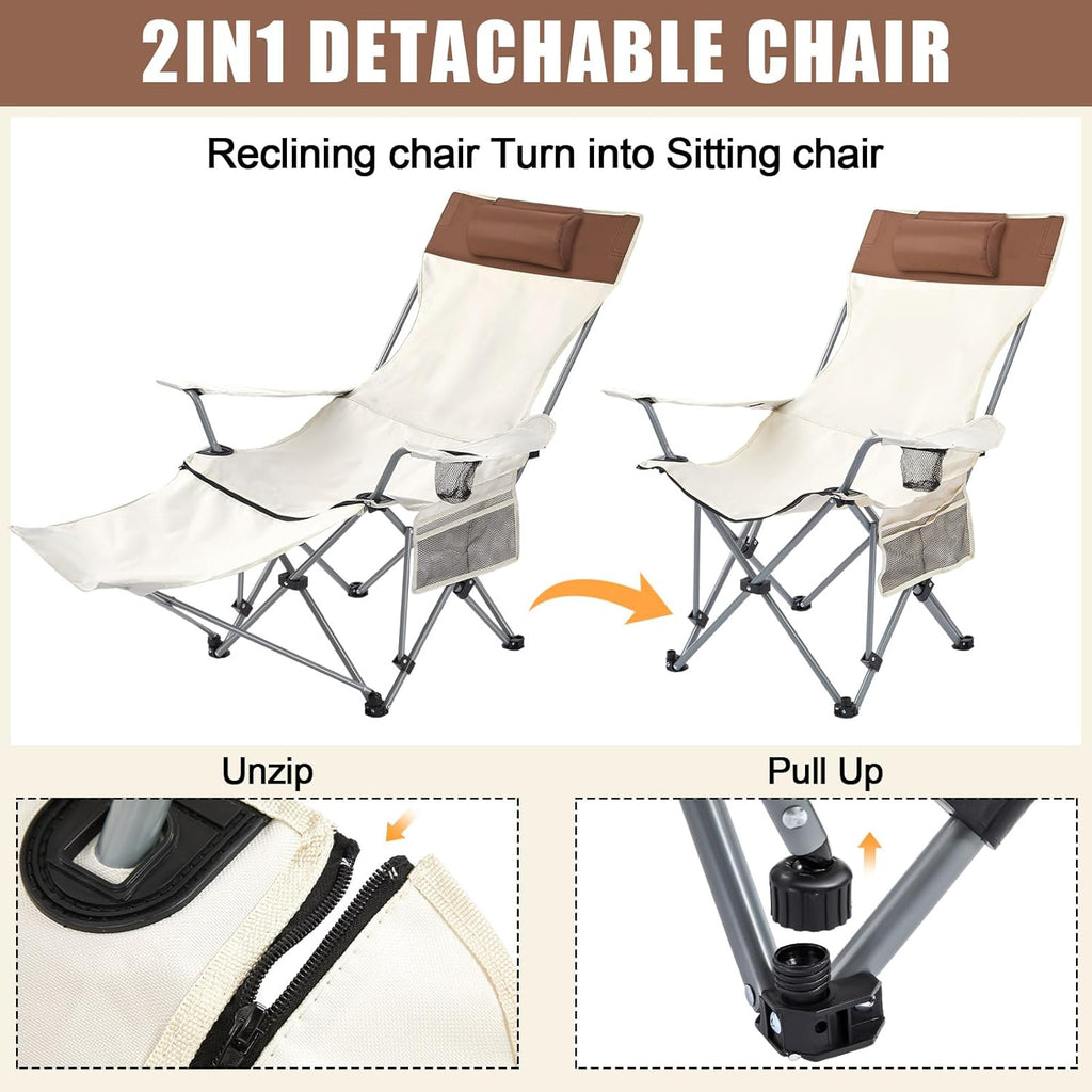 Yuntau 2 Set Reclining Beach Chairs with UPF 50+ Umbrellas, Upgraded Heavy Duty Portable Folding Lounge Camping Chair with Removable Footrest & Headrest for Outdoor Fishing Patio(White)