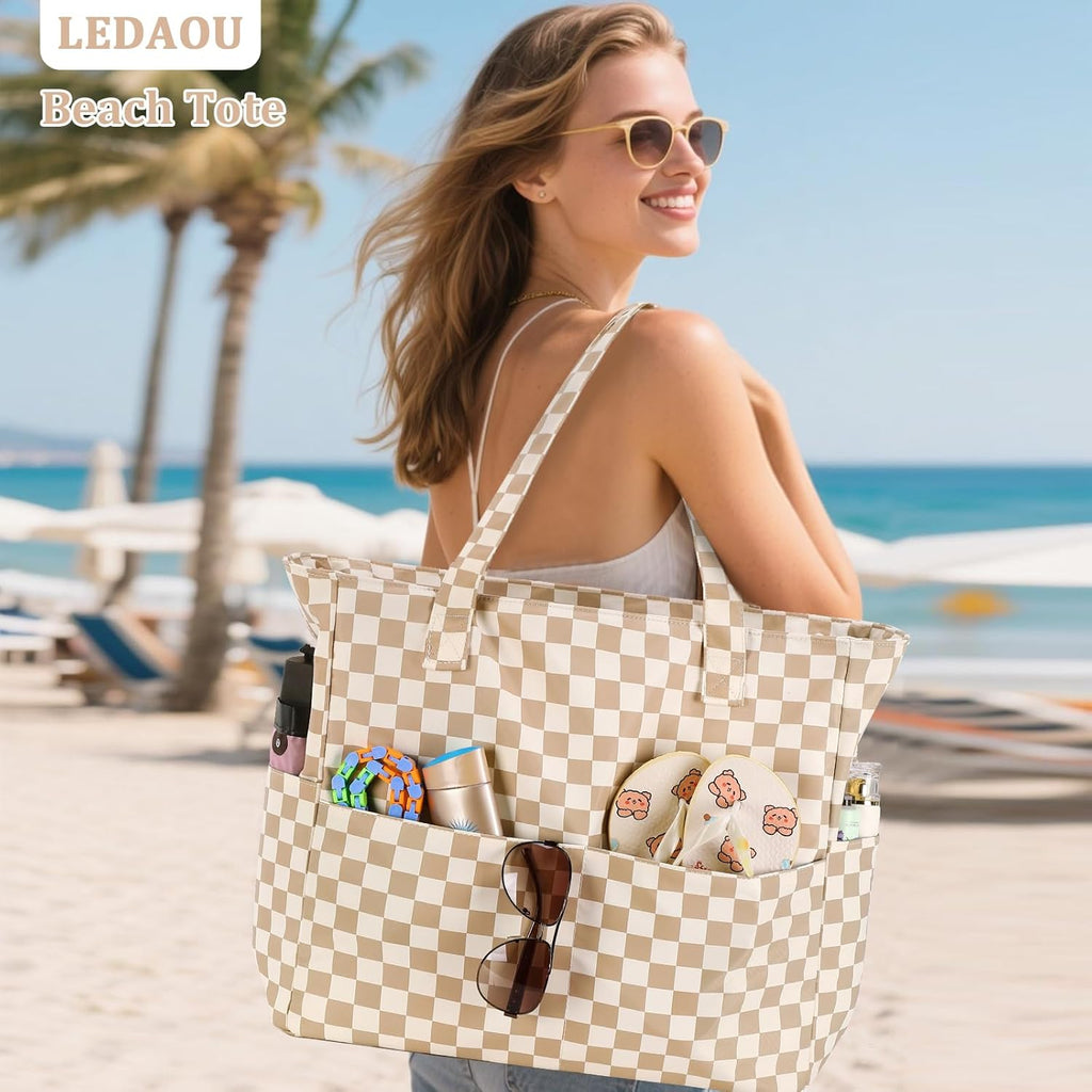LEDAOU Large Beach Bag Women Waterproof Sandproof Zipper Beach Tote Pool Bag for Swim Gym Grocery Travel with Wet Pocket | Waterproof