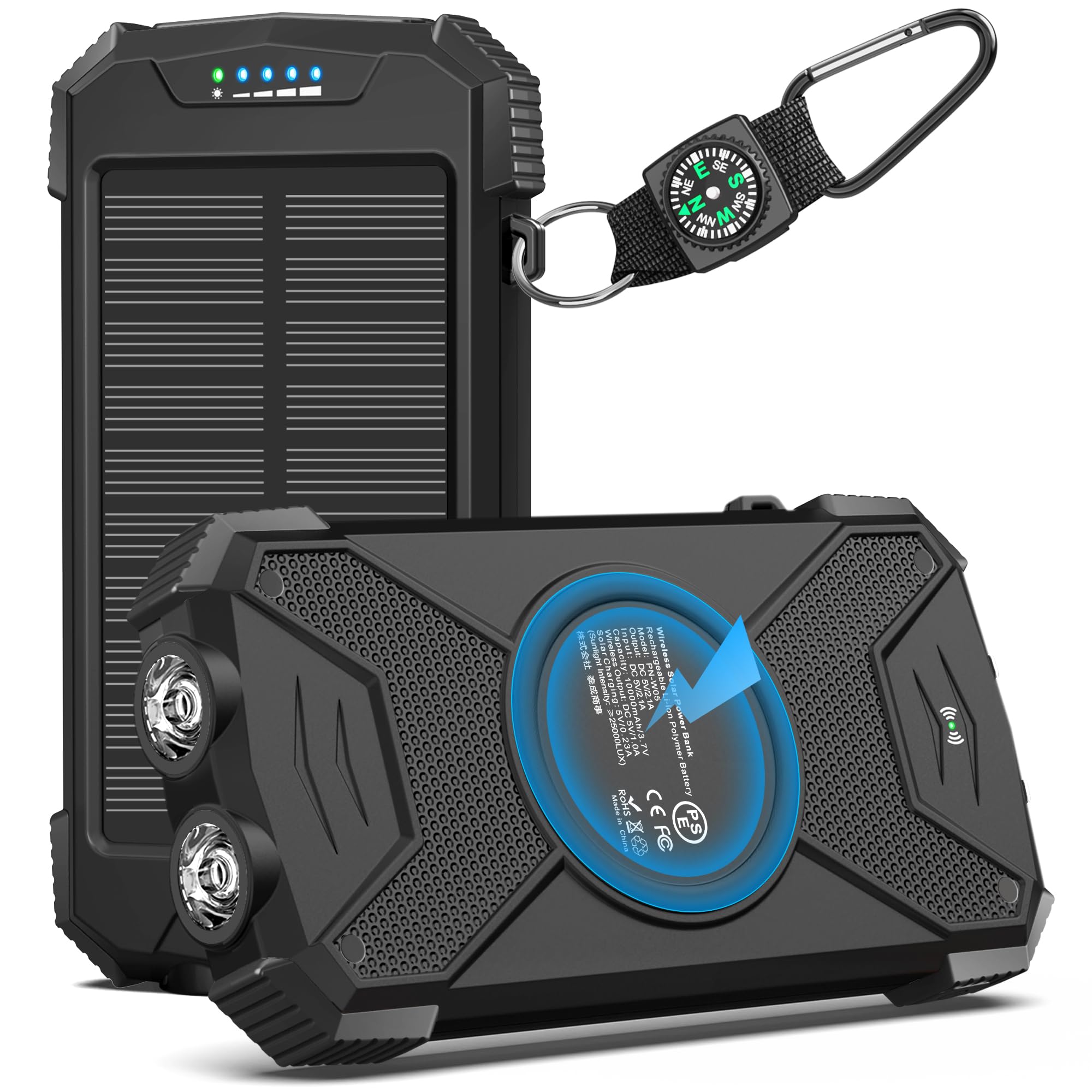BLAVOR Solar Power Bank 10,000mAh, Portable Wireless Charger, 20W Fast Charging External Battery Pack with USB C for Cell Phones, Solar Panel Charging with Dual Flashlight for Camping