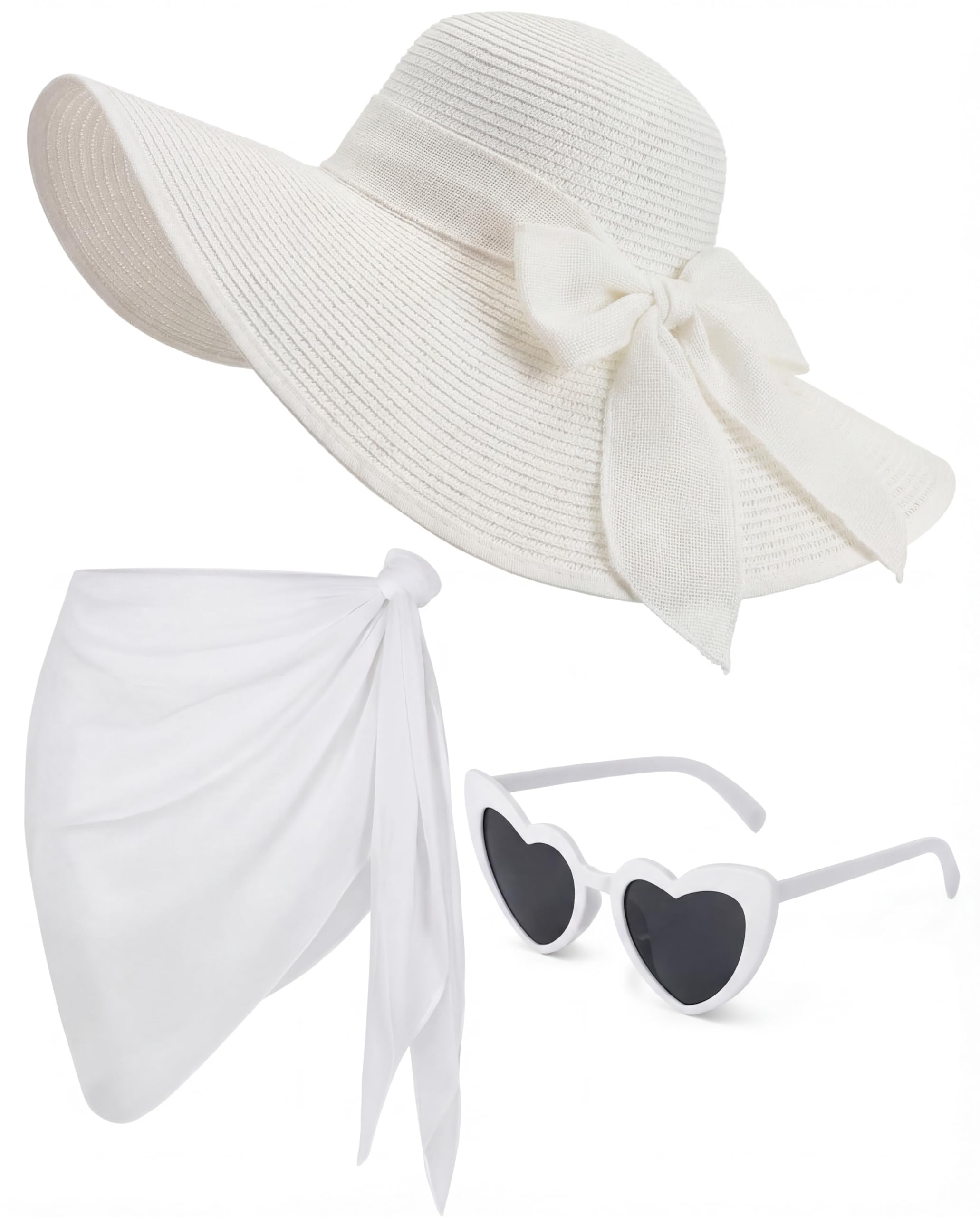 3 Pcs Summer Beach Set for Women Wide Brim Straw Sun Hat, Swimsuit Coverup Sarong, Heart Sunglasses