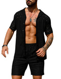 URRU Men's 2 Pieces Outfits Summer Beach Set See Through Sheer Short Sleeve Flower Lace Shirts and Shorts Sets