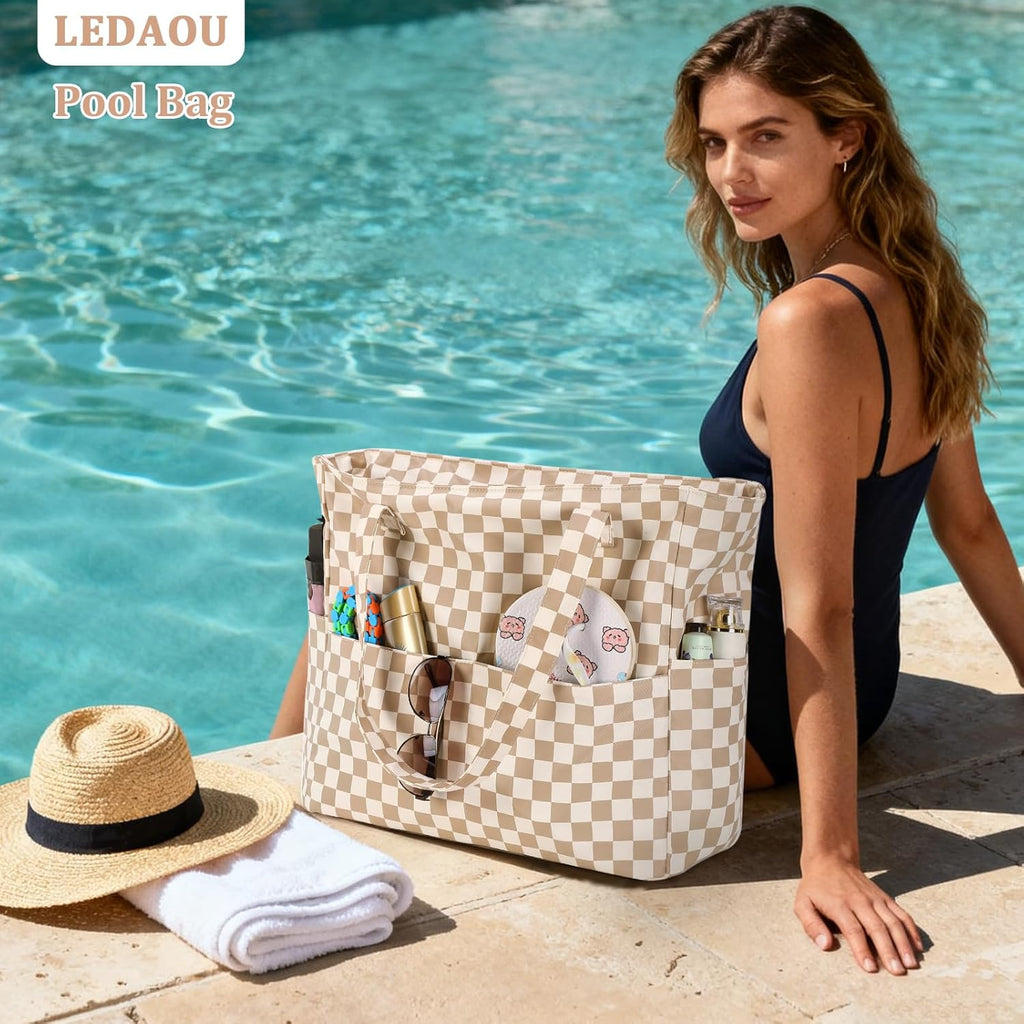 LEDAOU Large Beach Bag Women Waterproof Sandproof Zipper Beach Tote Pool Bag for Swim Gym Grocery Travel with Wet Pocket | Waterproof