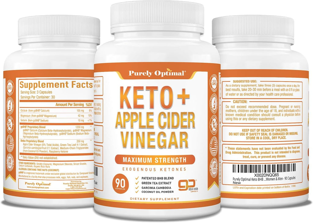 Purely Optimal Keto BHB & Apple Cider Vinegar Capsules - Exogenous Ketones Supplement with The Mother for Ketosis Support, Healthy Lifestyle & Overall Well-Being - 90 Capsules