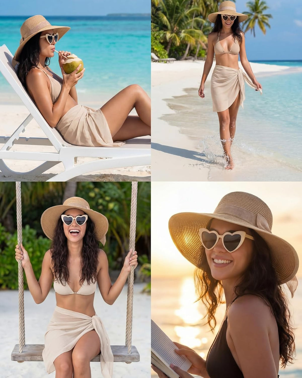 3 Pcs Summer Beach Set for Women Wide Brim Straw Sun Hat, Swimsuit Coverup Sarong, Heart Sunglasses