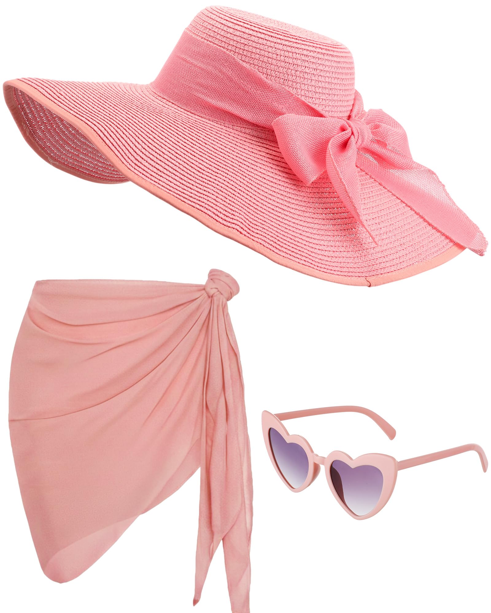 3 Pcs Summer Beach Set for Women Wide Brim Straw Sun Hat, Swimsuit Coverup Sarong, Heart Sunglasses