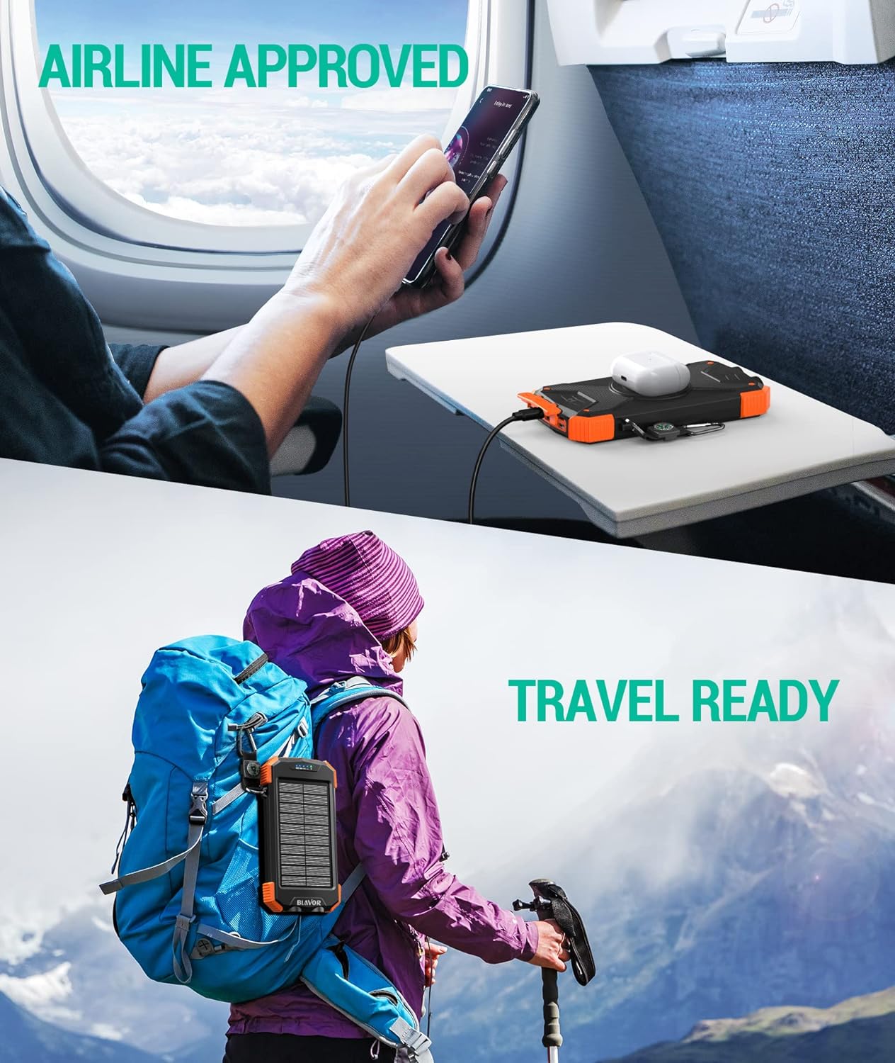 BLAVOR Solar Power Bank 10,000mAh, Portable Wireless Charger, 20W Fast Charging External Battery Pack with USB C for Cell Phones, Solar Panel Charging with Dual Flashlight for Camping