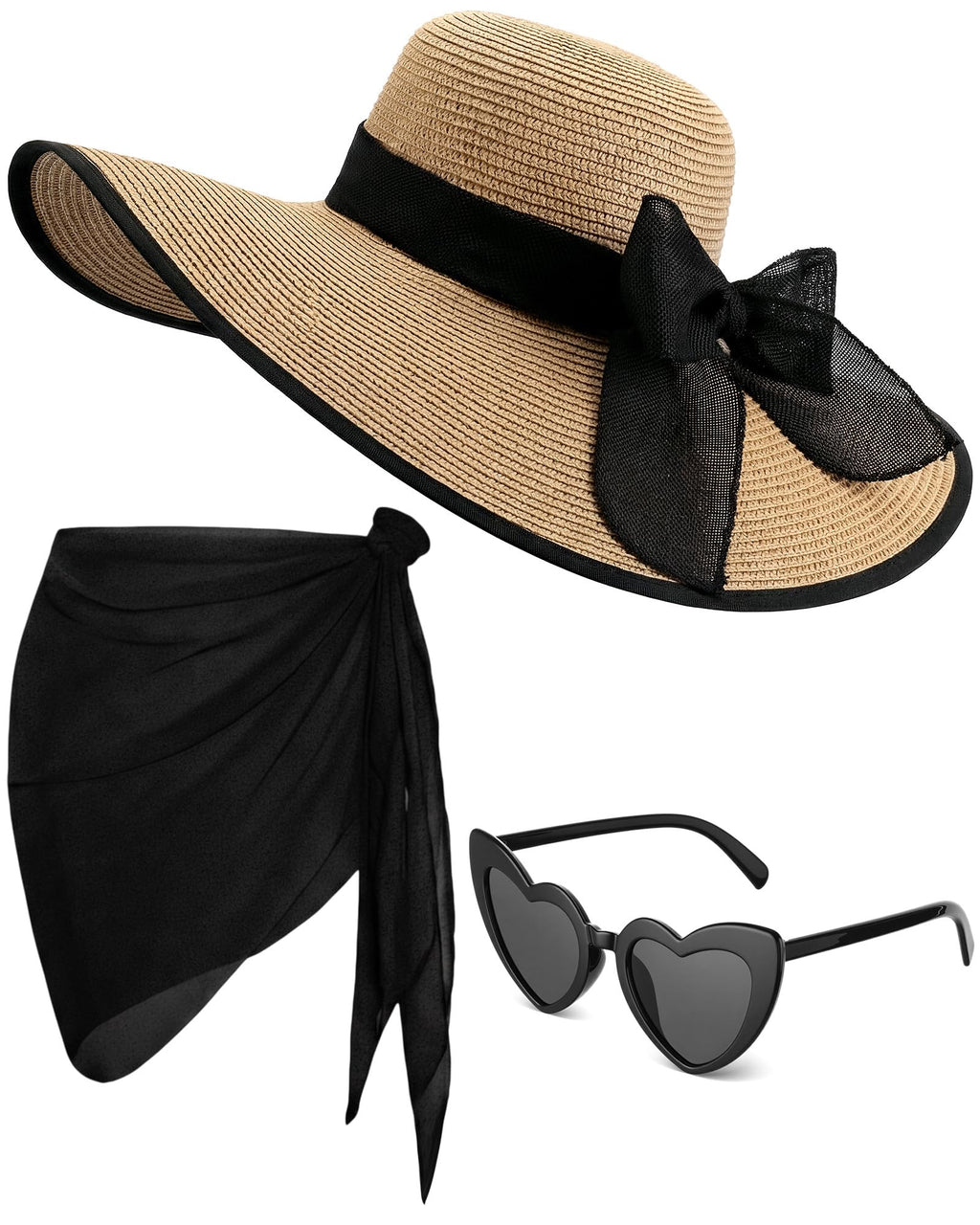 3 Pcs Summer Beach Set for Women Wide Brim Straw Sun Hat, Swimsuit Coverup Sarong, Heart Sunglasses