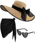 3 Pcs Summer Beach Set for Women Wide Brim Straw Sun Hat, Swimsuit Coverup Sarong, Heart Sunglasses