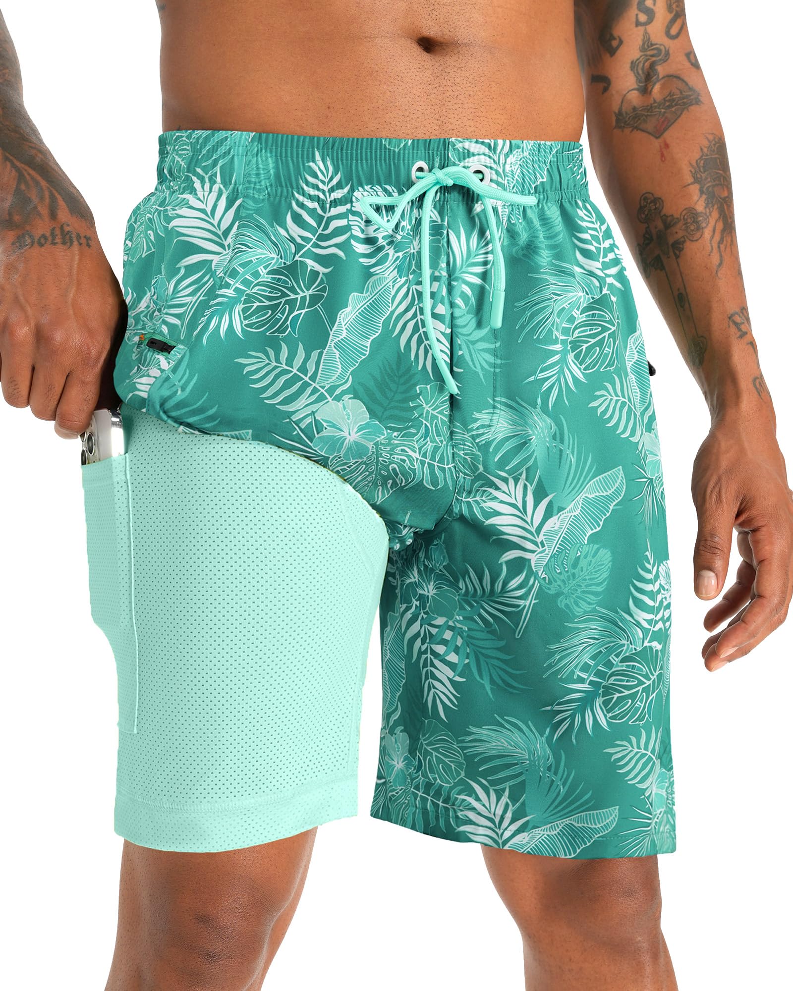 APTRO 2 in 1 Men's Swim Trunks 9" with Zipper Pockets Bathing Suit Built-in Board Shorts Swimwear Long Shorts