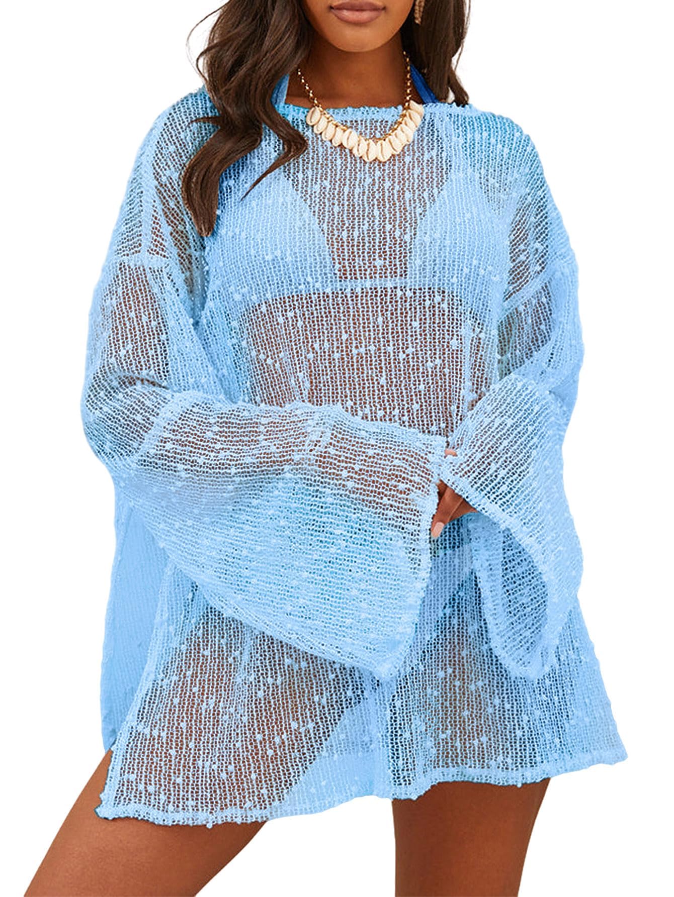 Lilosy Sexy Crochet Sheer Kaftan Caftan Beach Dress Bathing Suit Swim Coverup Summer Vacation Outfits One Piece
