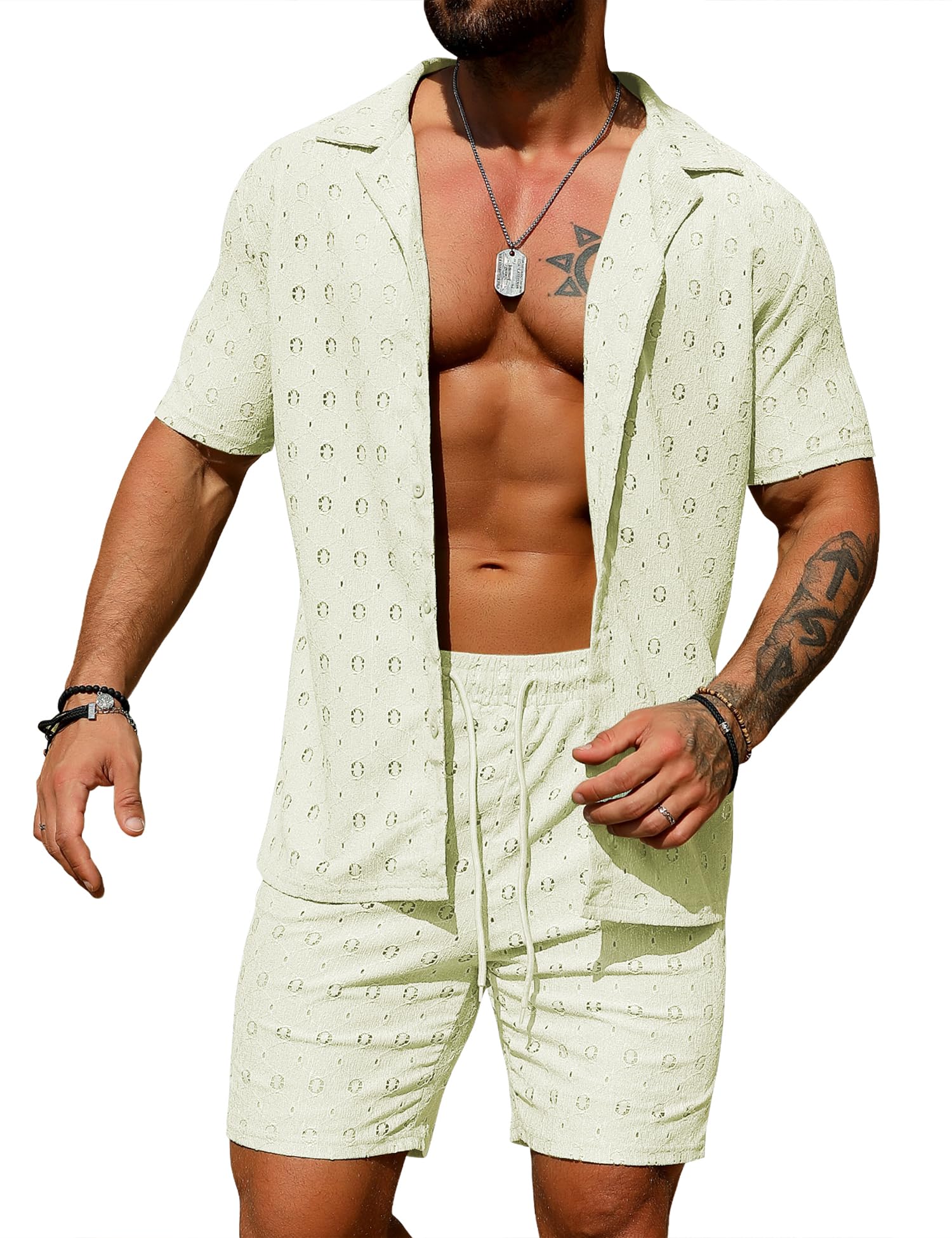URRU Men's 2 Pieces Outfits Summer Beach Set See Through Sheer Short Sleeve Flower Lace Shirts and Shorts Sets