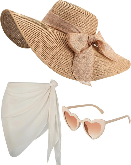 3 Pcs Summer Beach Set for Women Wide Brim Straw Sun Hat, Swimsuit Coverup Sarong, Heart Sunglasses