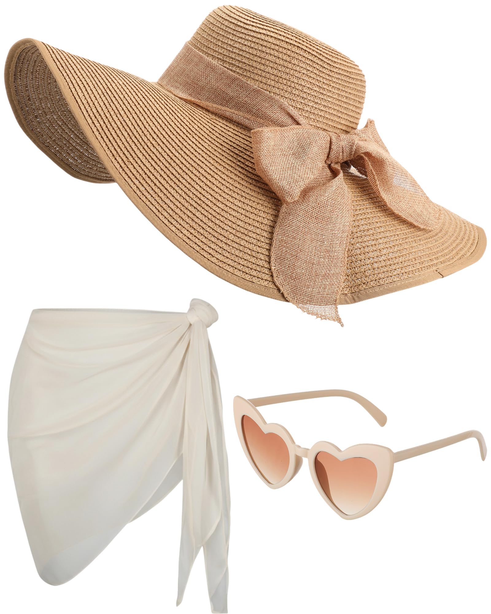 3 Pcs Summer Beach Set for Women Wide Brim Straw Sun Hat, Swimsuit Coverup Sarong, Heart Sunglasses