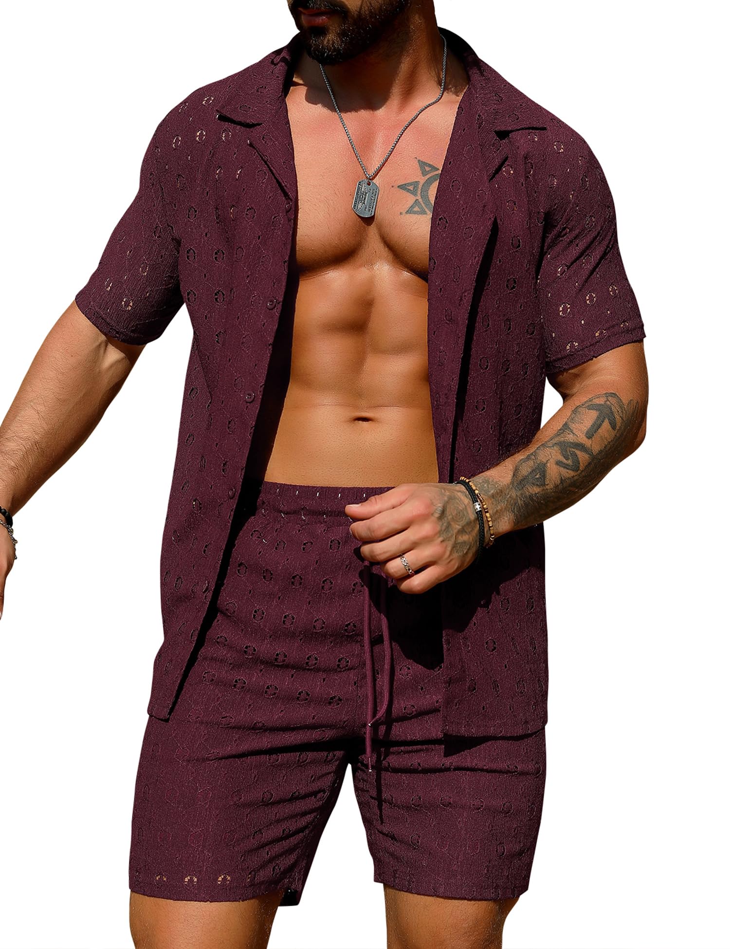 URRU Men's 2 Pieces Outfits Summer Beach Set See Through Sheer Short Sleeve Flower Lace Shirts and Shorts Sets