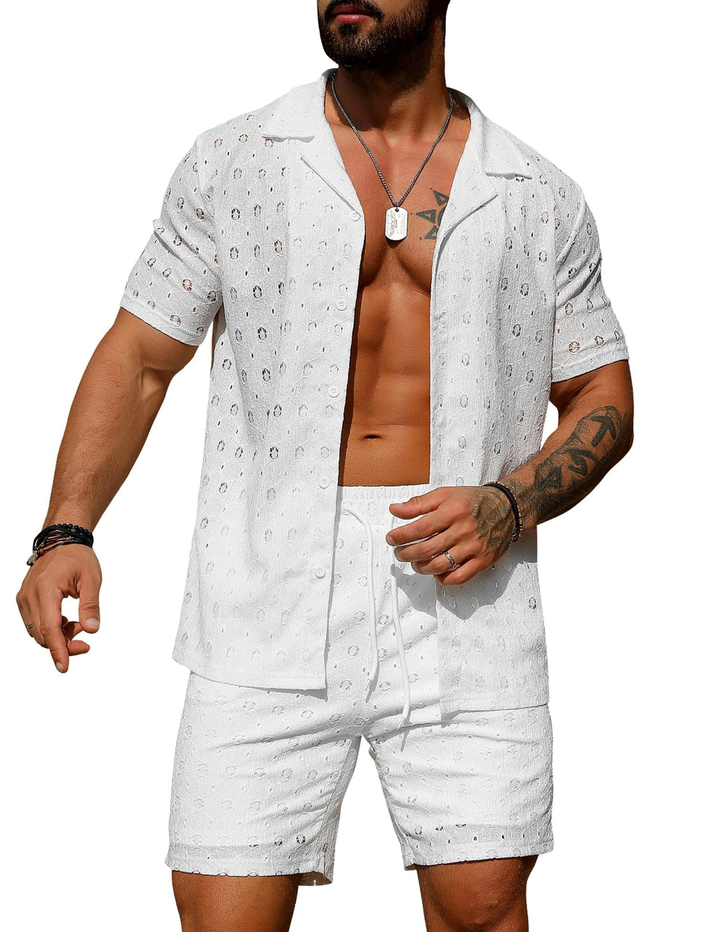 URRU Men's 2 Pieces Outfits Summer Beach Set See Through Sheer Short Sleeve Flower Lace Shirts and Shorts Sets