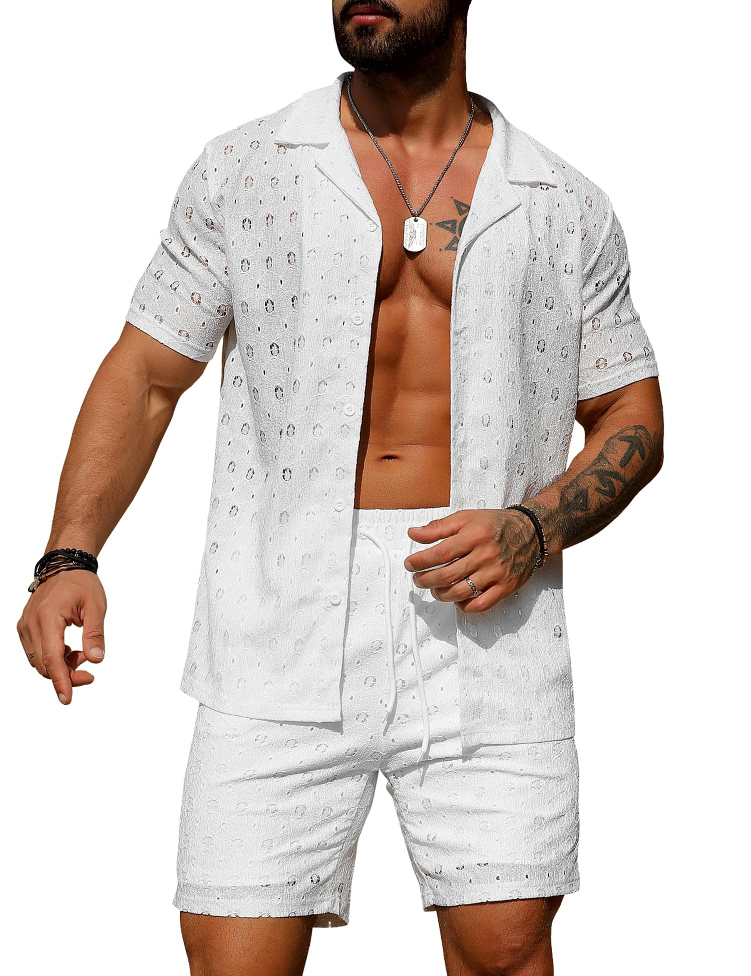 URRU Men's 2 Pieces Outfits Summer Beach Set See Through Sheer Short Sleeve Flower Lace Shirts and Shorts Sets