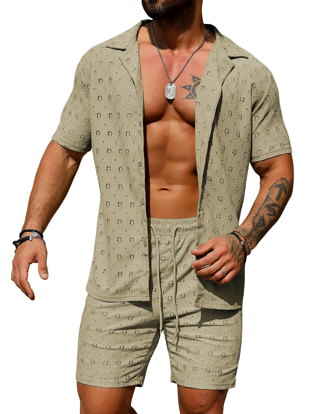 URRU Men's 2 Pieces Outfits Summer Beach Set See Through Sheer Short Sleeve Flower Lace Shirts and Shorts Sets