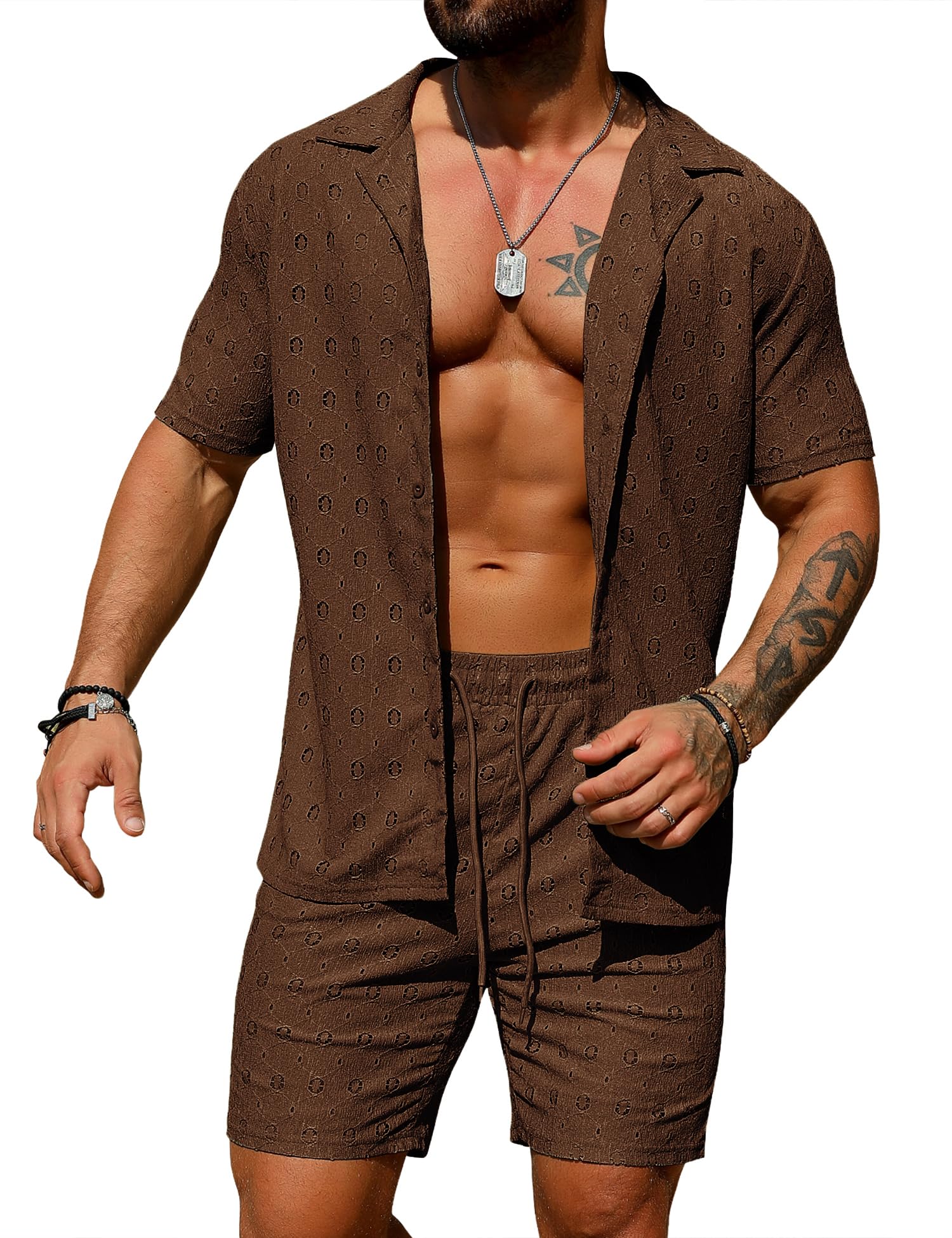 URRU Men's 2 Pieces Outfits Summer Beach Set See Through Sheer Short Sleeve Flower Lace Shirts and Shorts Sets