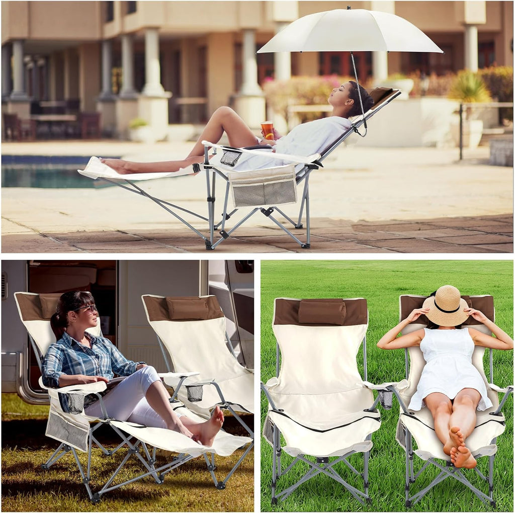 Yuntau 2 Set Reclining Beach Chairs with UPF 50+ Umbrellas, Upgraded Heavy Duty Portable Folding Lounge Camping Chair with Removable Footrest & Headrest for Outdoor Fishing Patio(White)