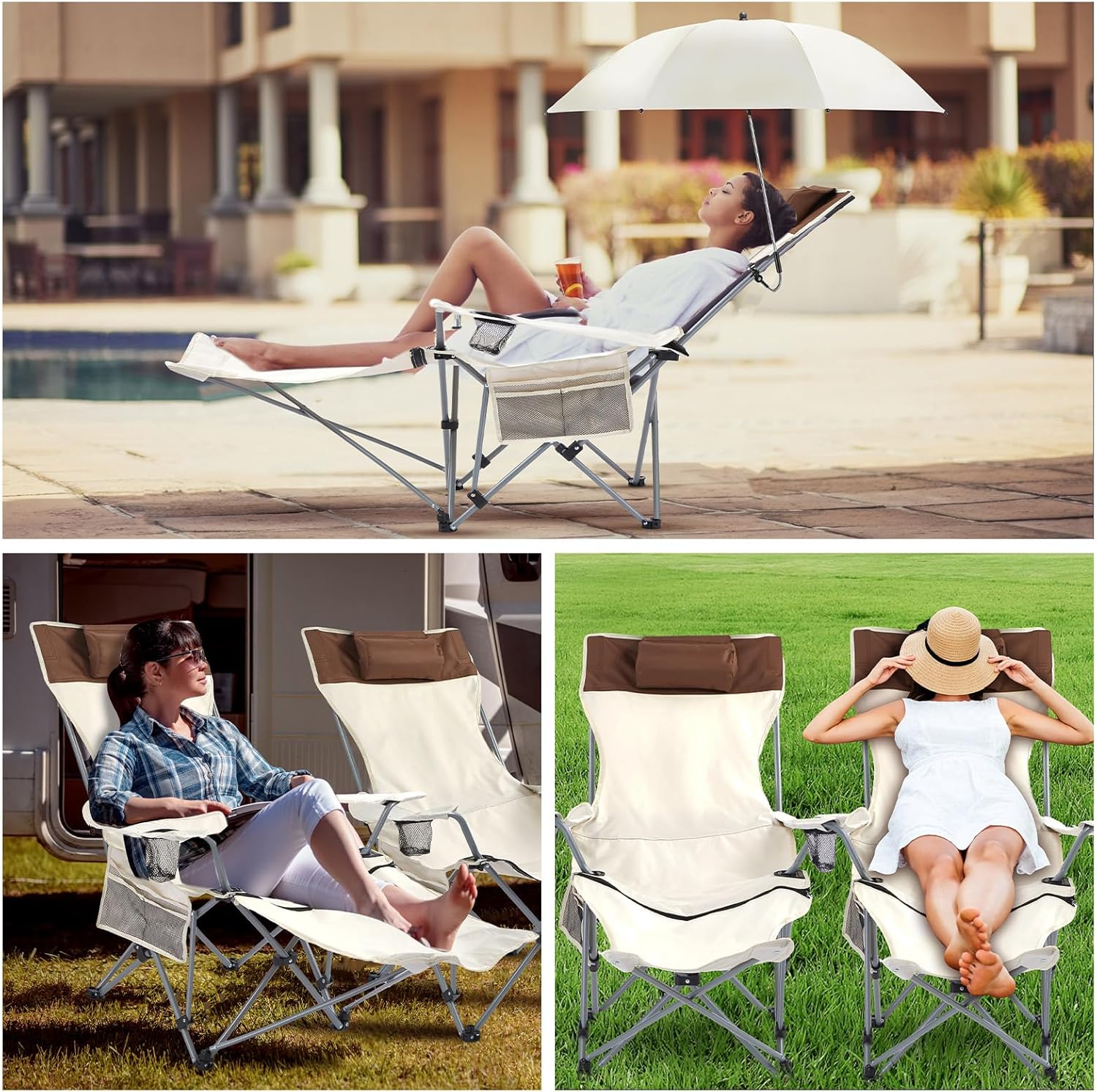 Yuntau 2 Set Reclining Beach Chairs with UPF 50+ Umbrellas, Upgraded Heavy Duty Portable Folding Lounge Camping Chair with Removable Footrest & Headrest for Outdoor Fishing Patio(White)