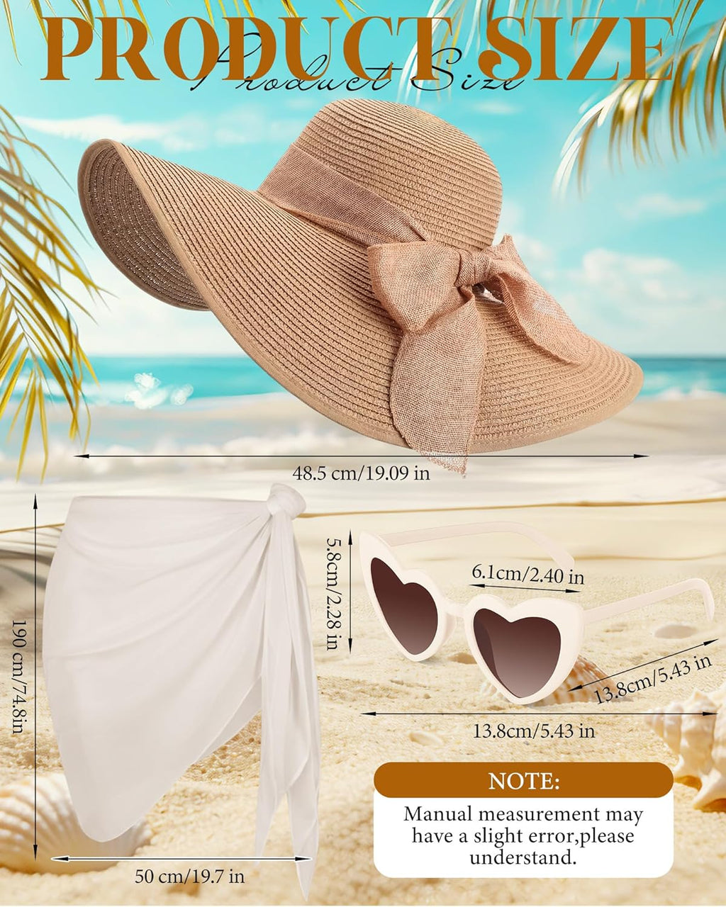 3 Pcs Summer Beach Set for Women Wide Brim Straw Sun Hat, Swimsuit Coverup Sarong, Heart Sunglasses