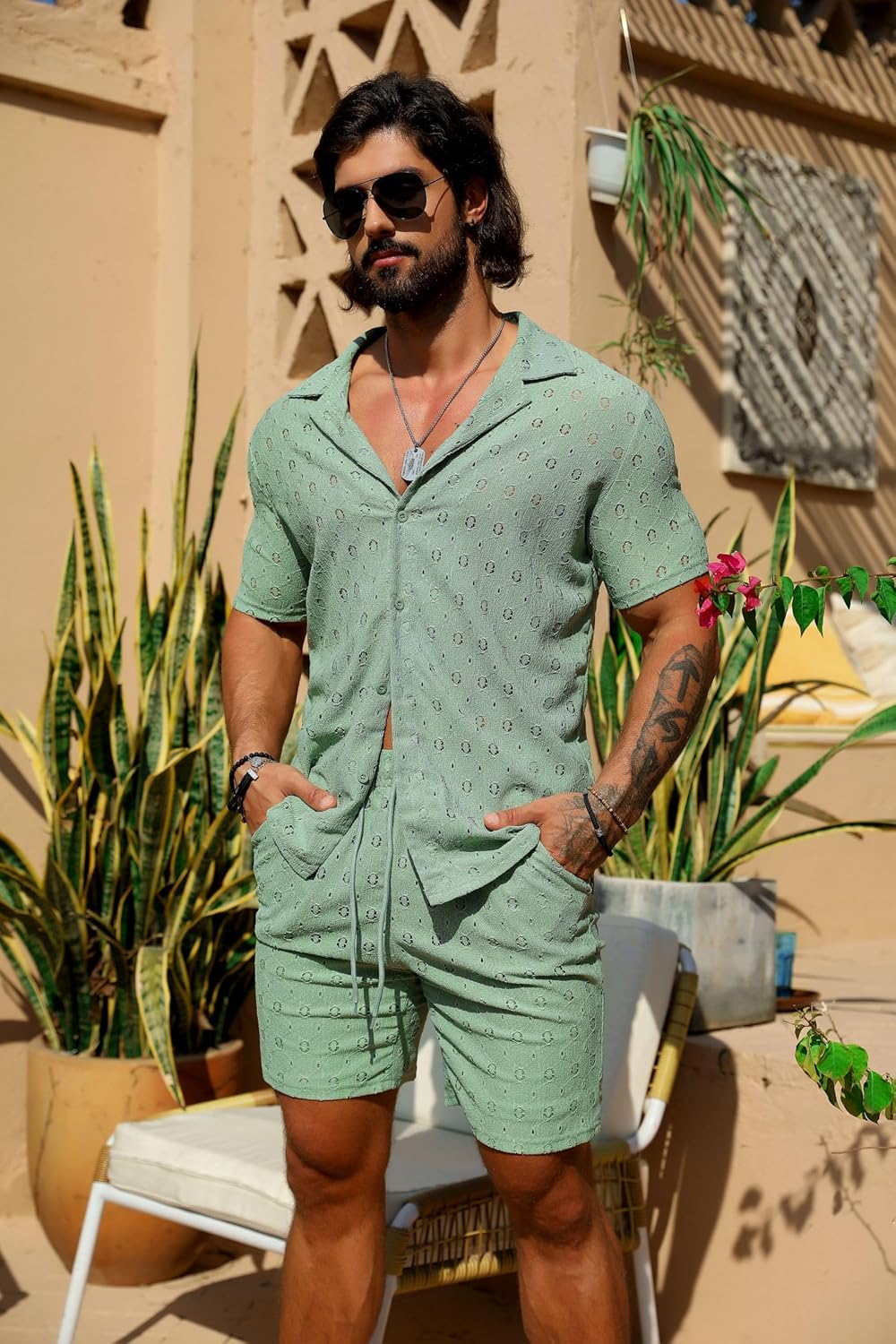 URRU Men's 2 Pieces Outfits Summer Beach Set See Through Sheer Short Sleeve Flower Lace Shirts and Shorts Sets