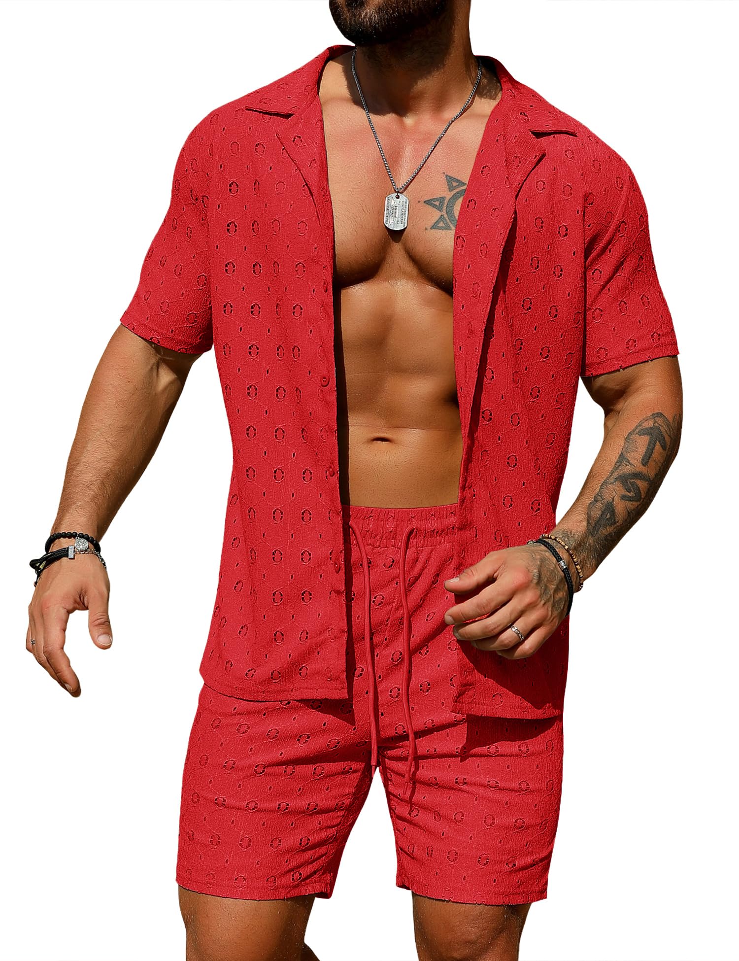 URRU Men's 2 Pieces Outfits Summer Beach Set See Through Sheer Short Sleeve Flower Lace Shirts and Shorts Sets