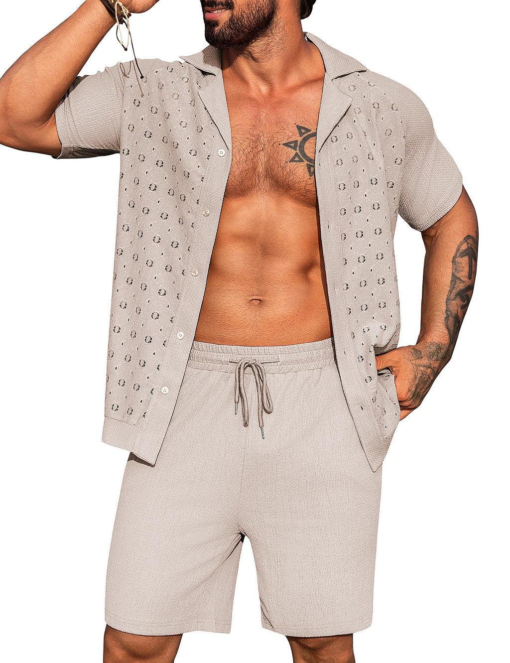 URRU Men's 2 Pieces Outfits Summer Beach Set See Through Sheer Short Sleeve Flower Lace Shirts and Shorts Sets
