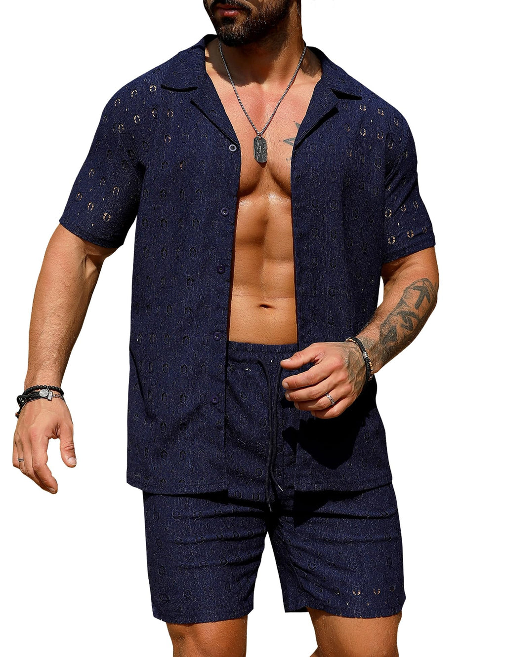 URRU Men's 2 Pieces Outfits Summer Beach Set See Through Sheer Short Sleeve Flower Lace Shirts and Shorts Sets